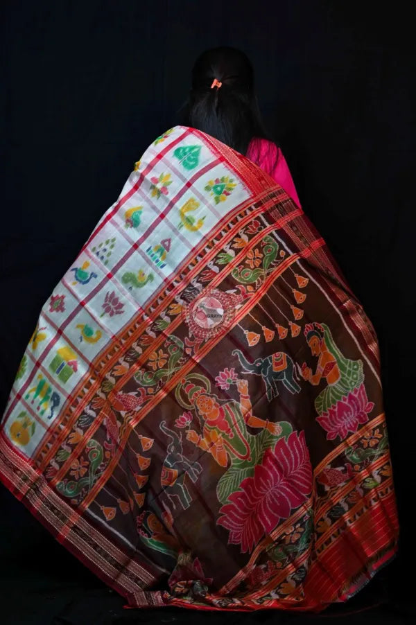 White Red Nabakothi Mahalaxmi Anchal Khandua Silk Saree