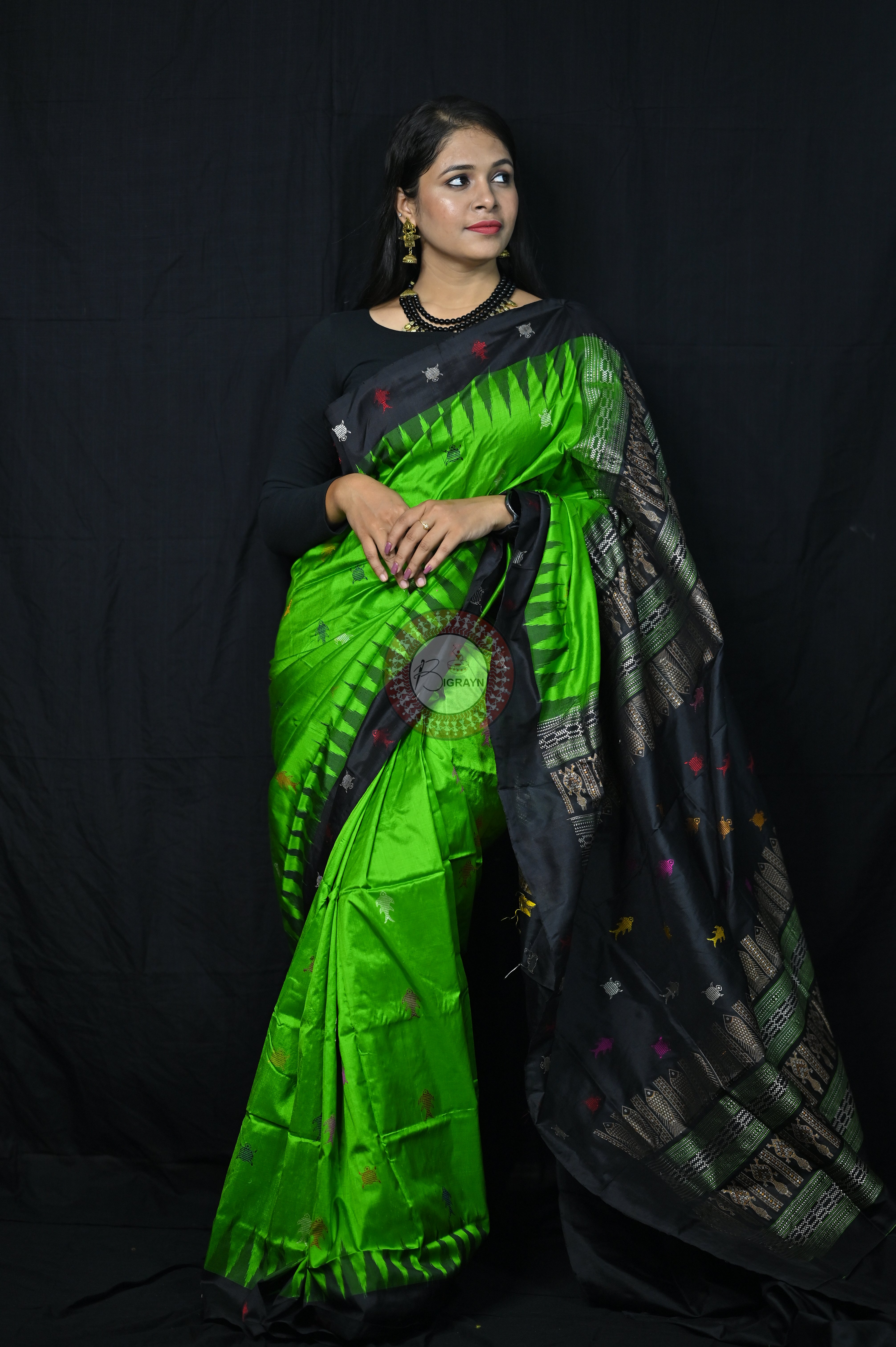 Mastya Kachhap Green Black Bomkai Silk Saree