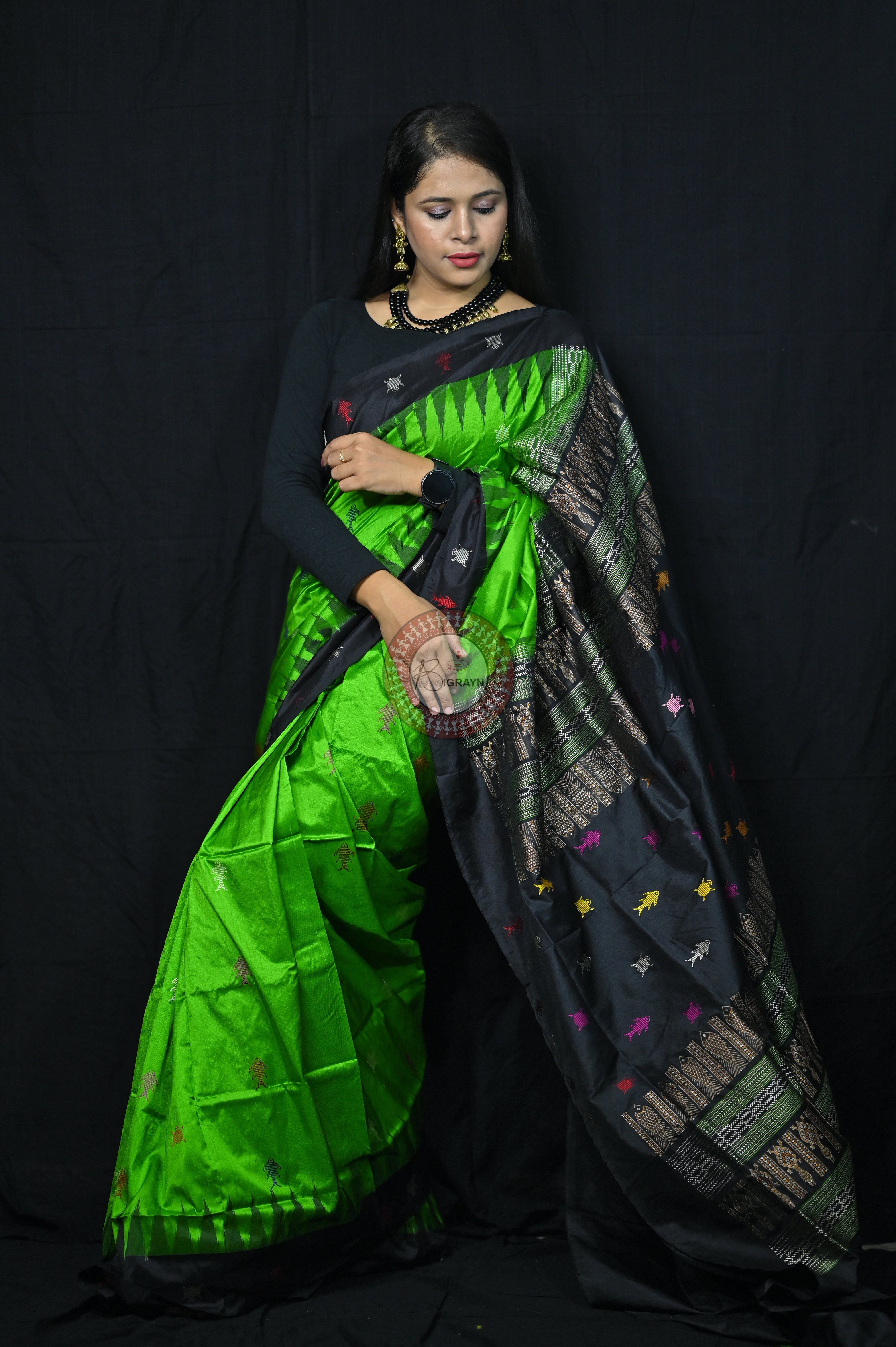 Mastya Kachhap Green Black Bomkai Silk Saree