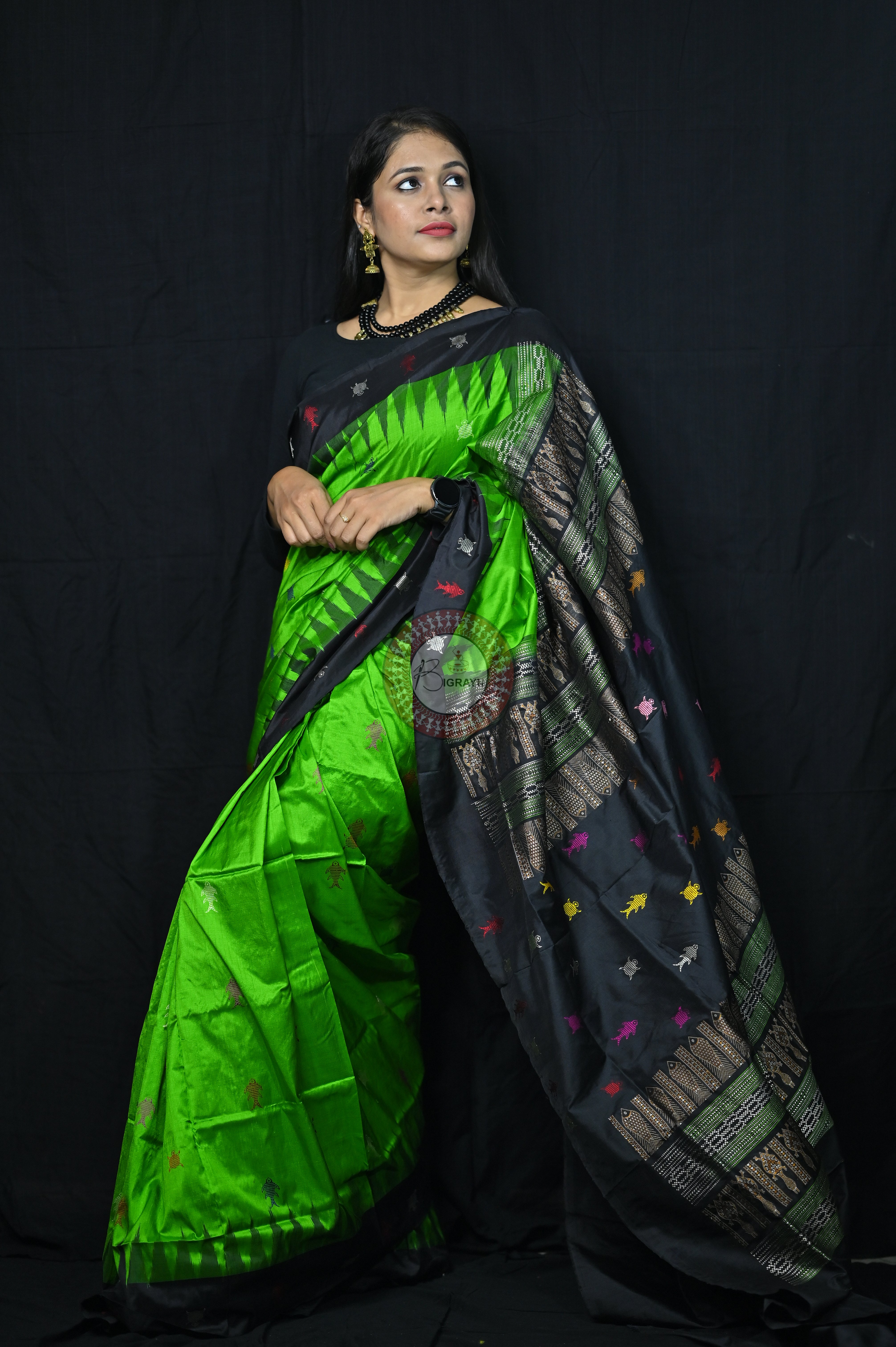 Mastya kachhap Green Black Bomkai Silk Saree