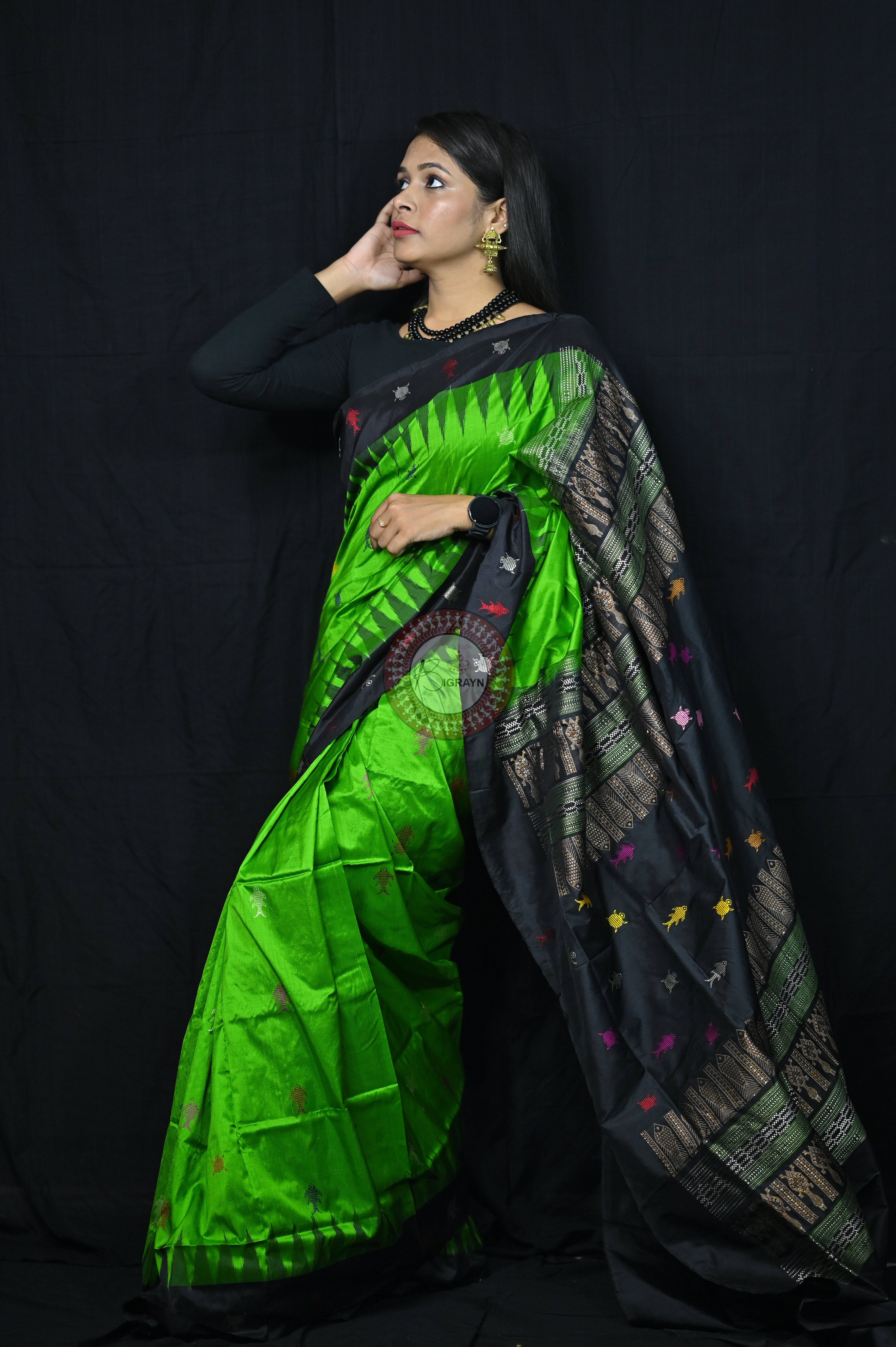 Mastya Kachhap Green Black Bomkai Silk Saree