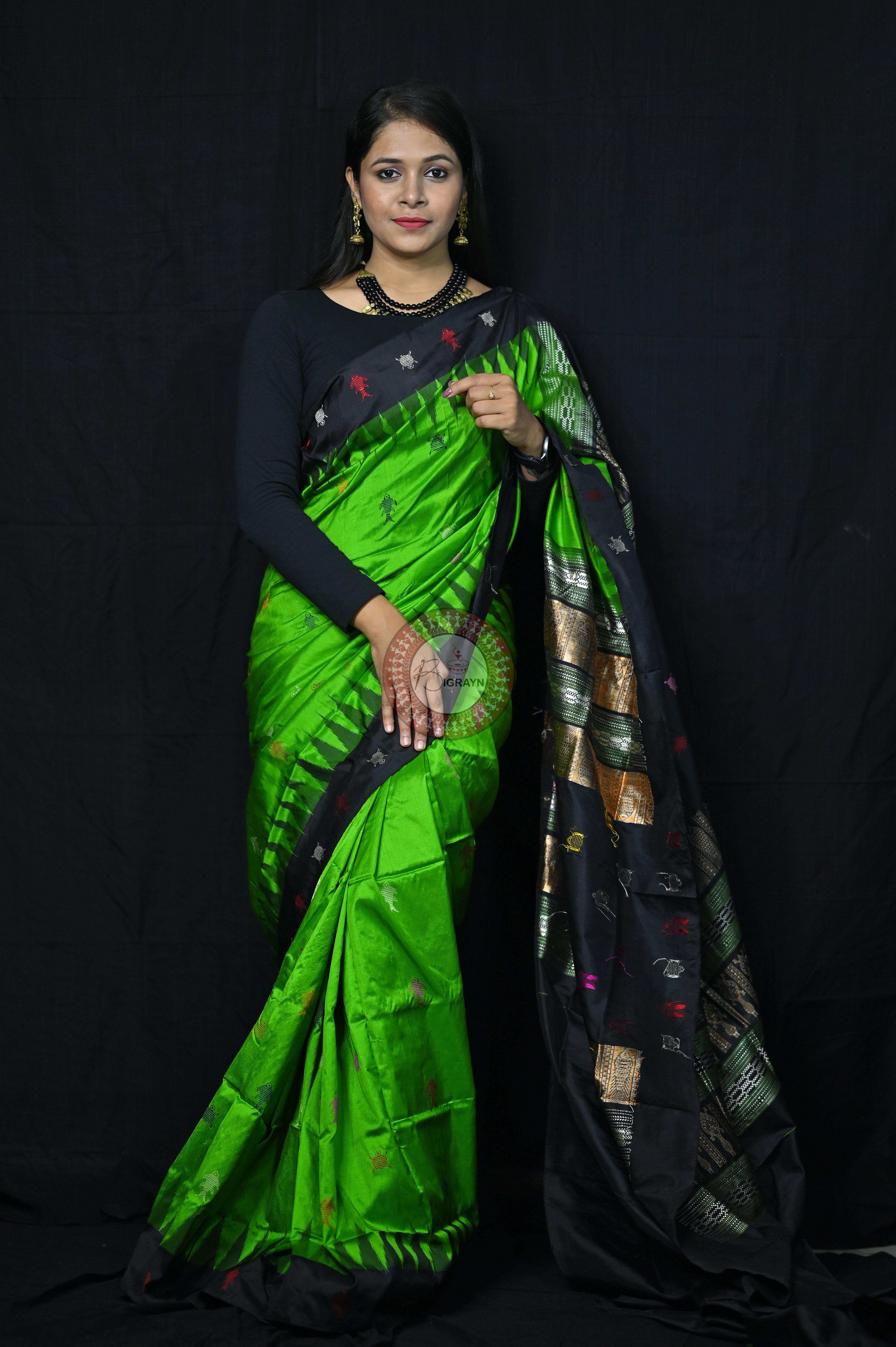 Mastya kachhap Green Black Bomkai Silk Saree