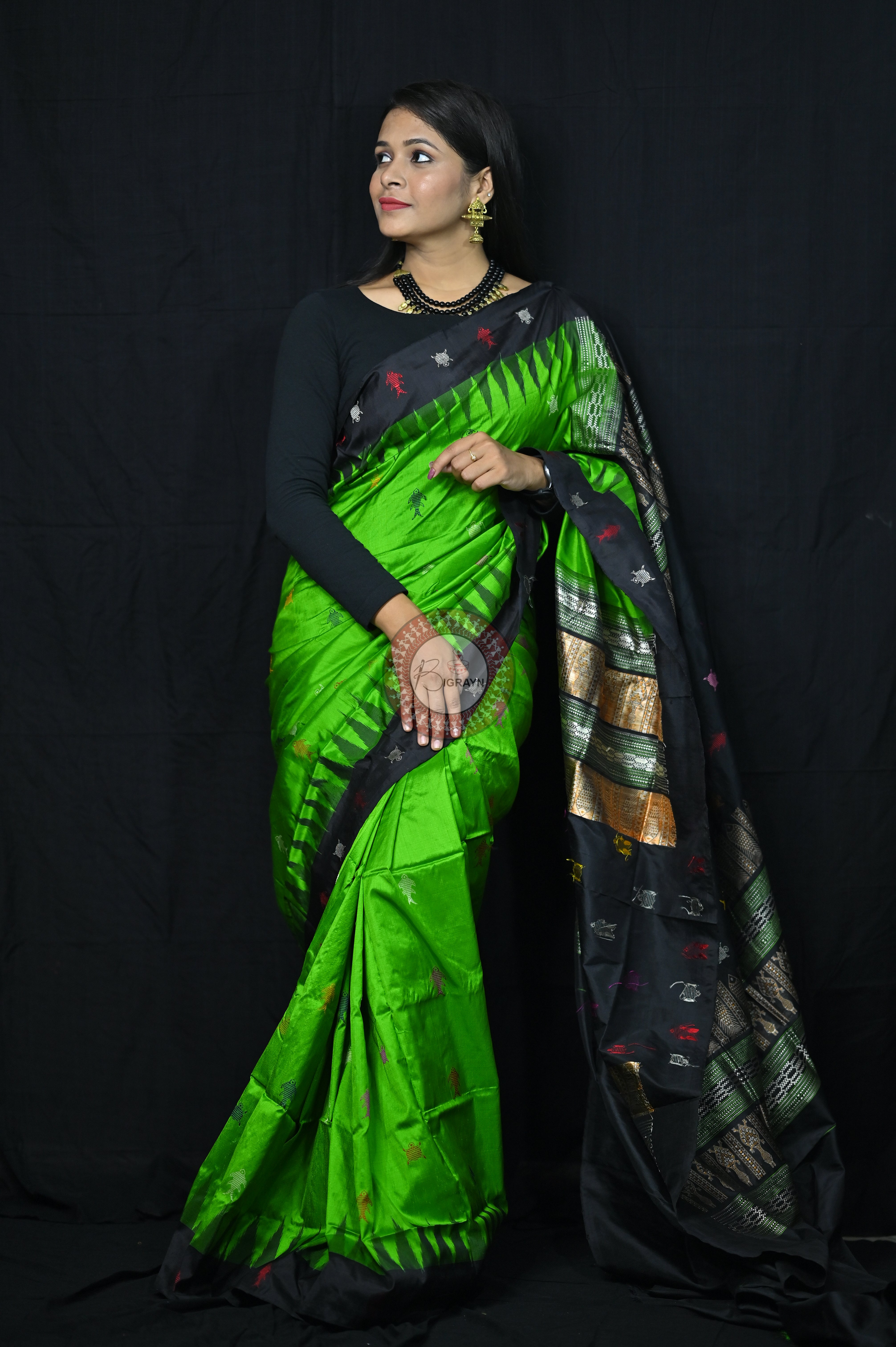 Mastya Kachhap Green Black Bomkai Silk Saree