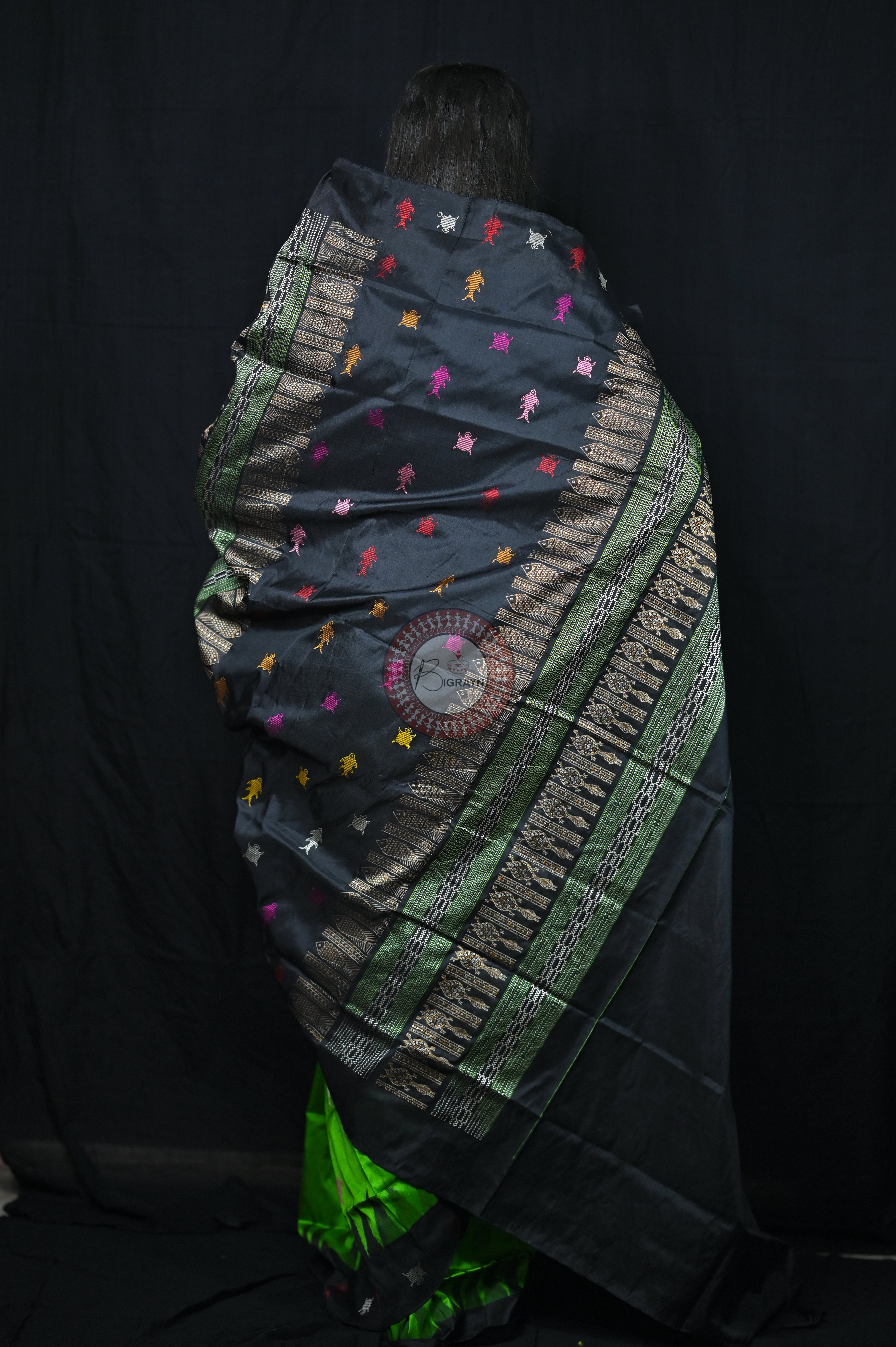 Mastya Kachhap Green Black Bomkai Silk Saree