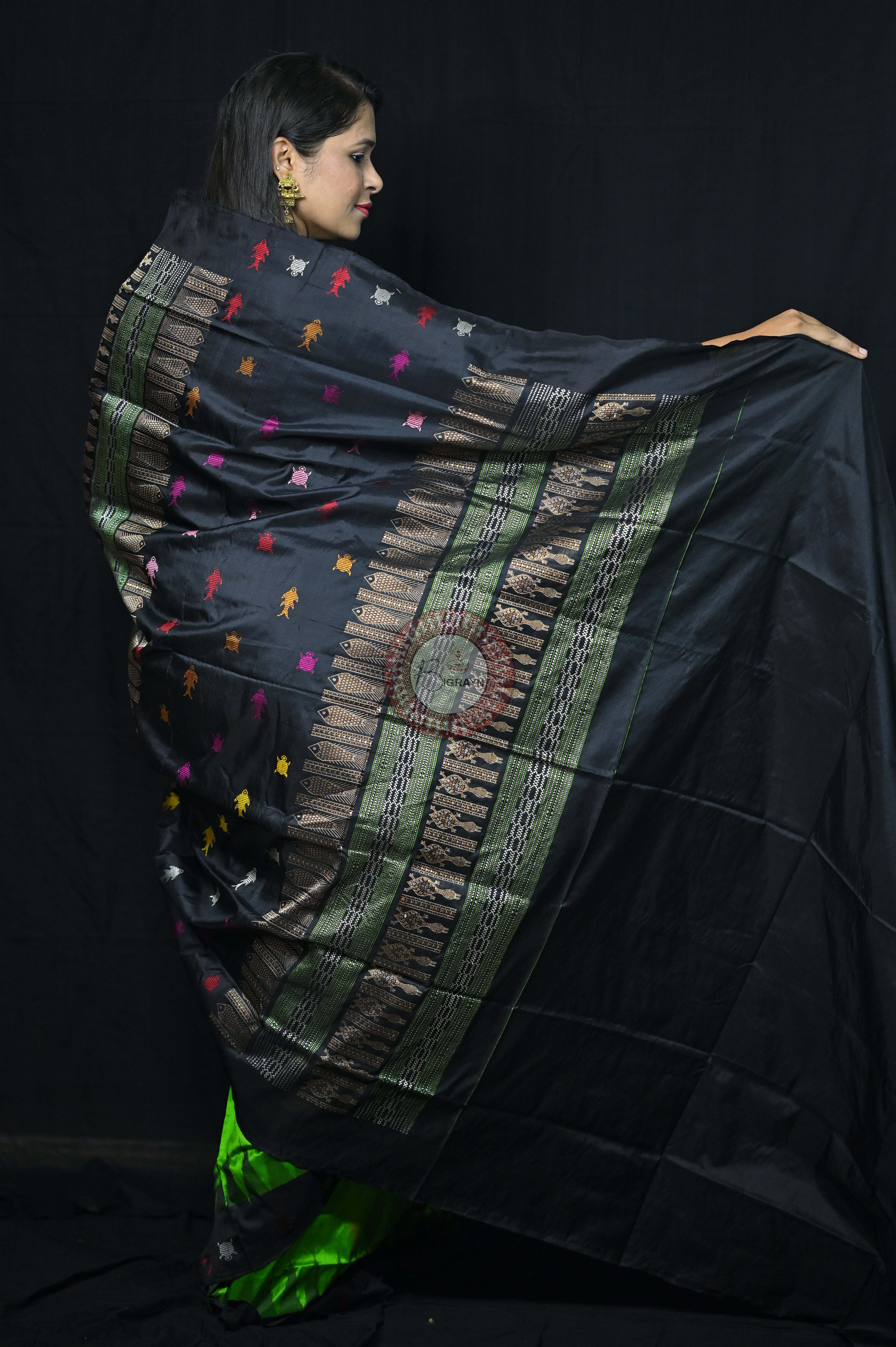 Mastya Kachhap Green Black Bomkai Silk Saree