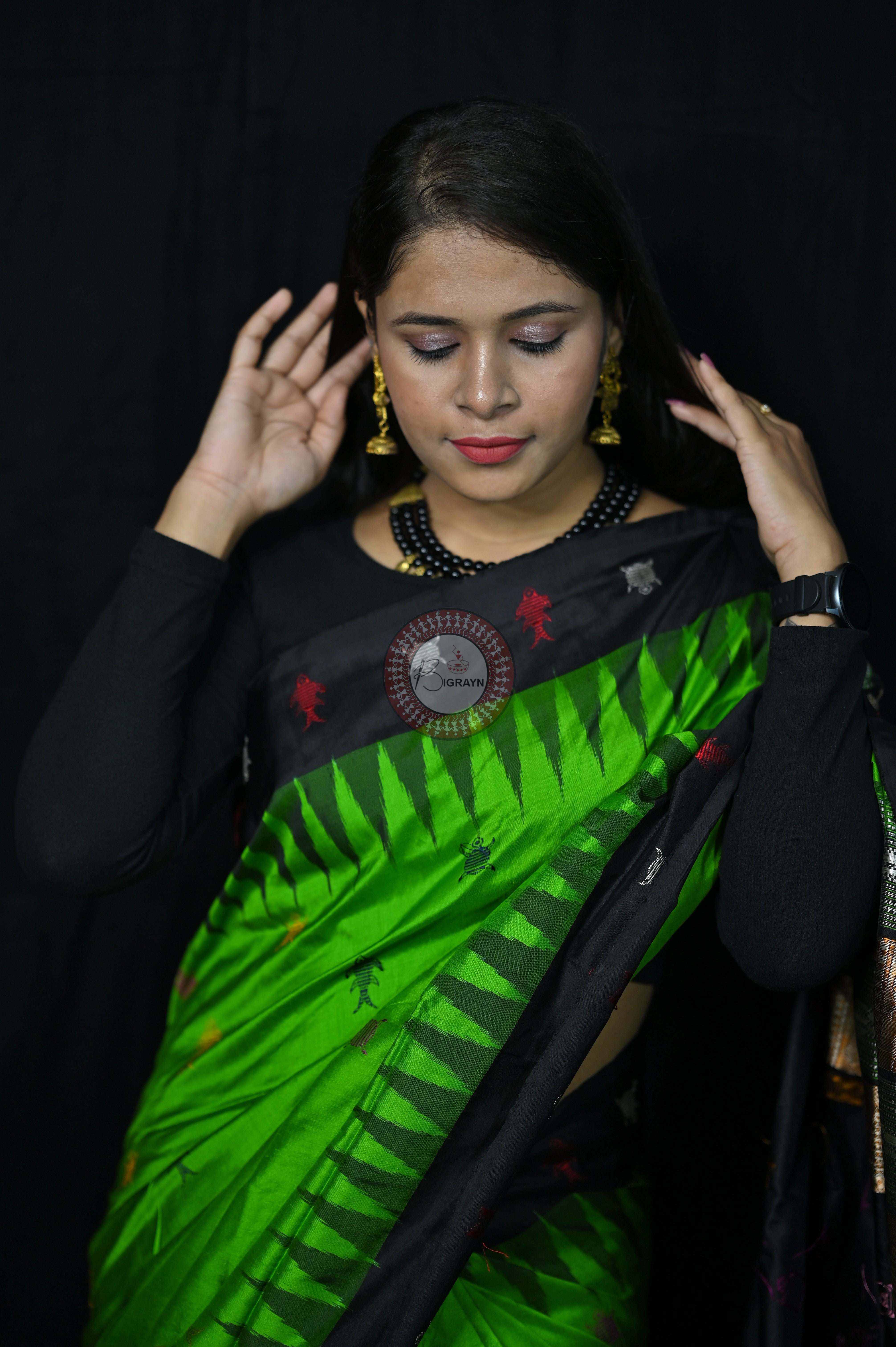 Mastya Kachhap Green Black Bomkai Silk Saree