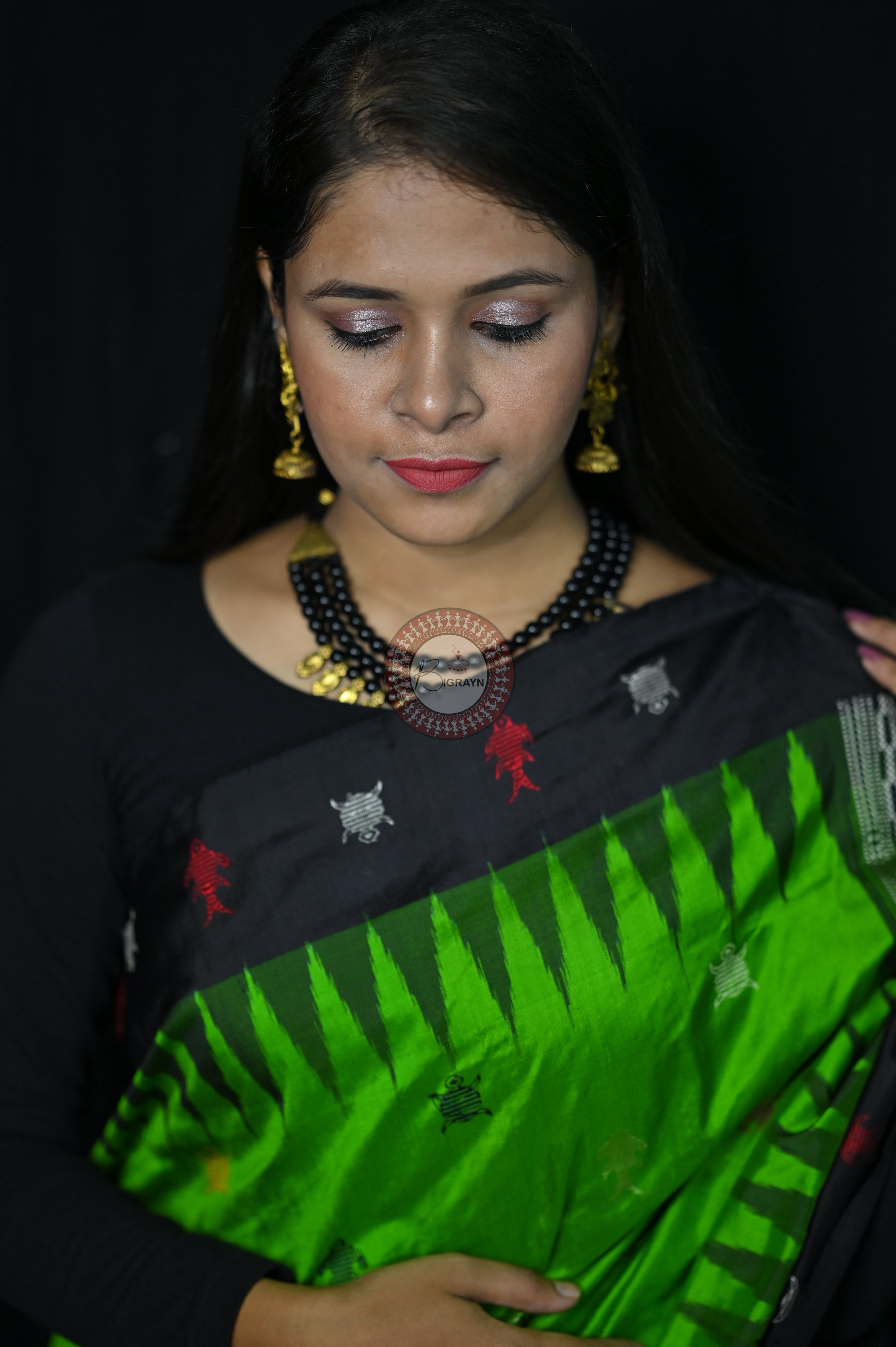 Mastya Kachhap Green Black Bomkai Silk Saree