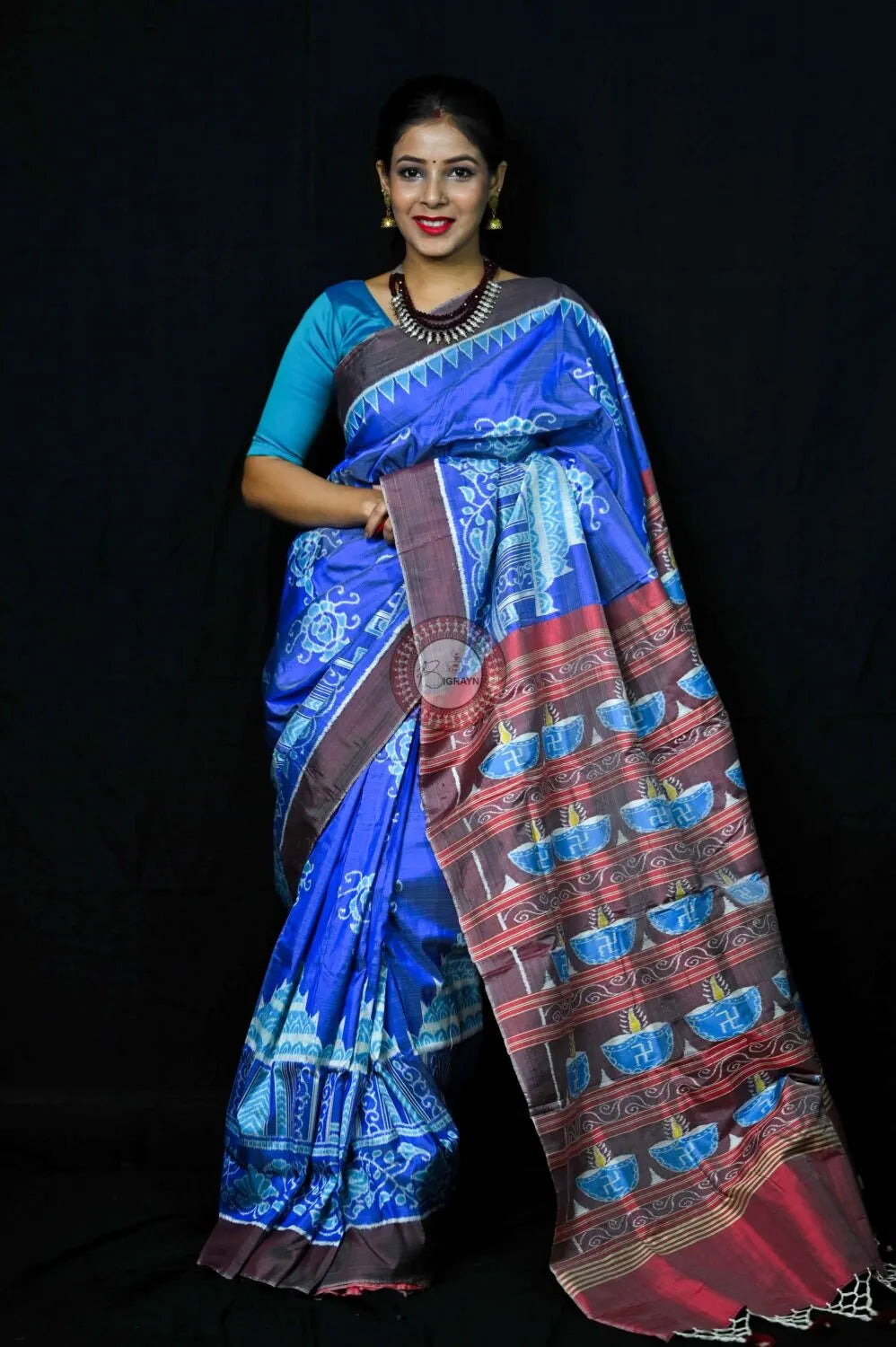 Sky Blue Konark Body Diwali Anchal Mulberry Silk Saree