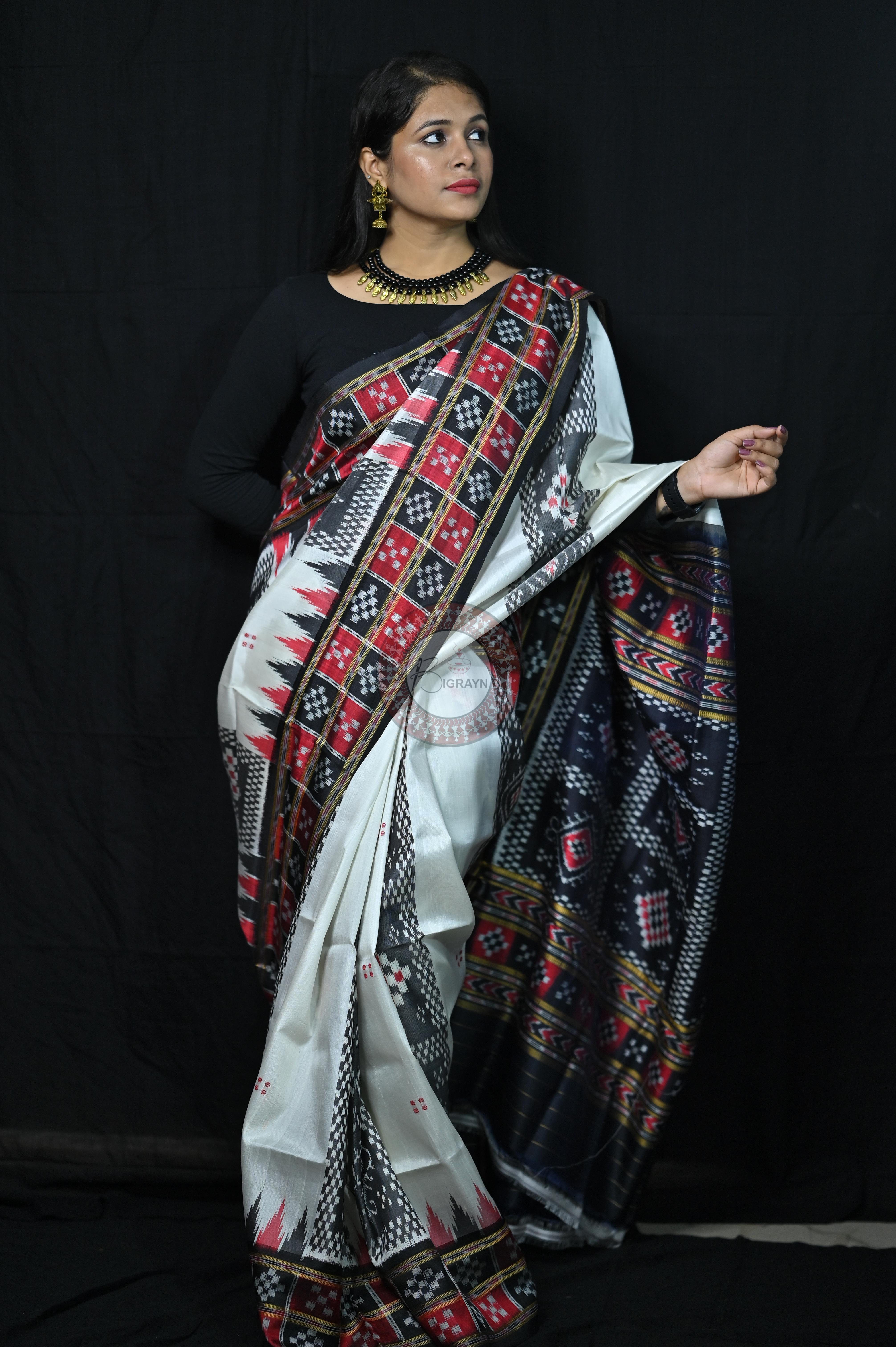 White Black 3D Border Pasapali Khandua Silk Saree