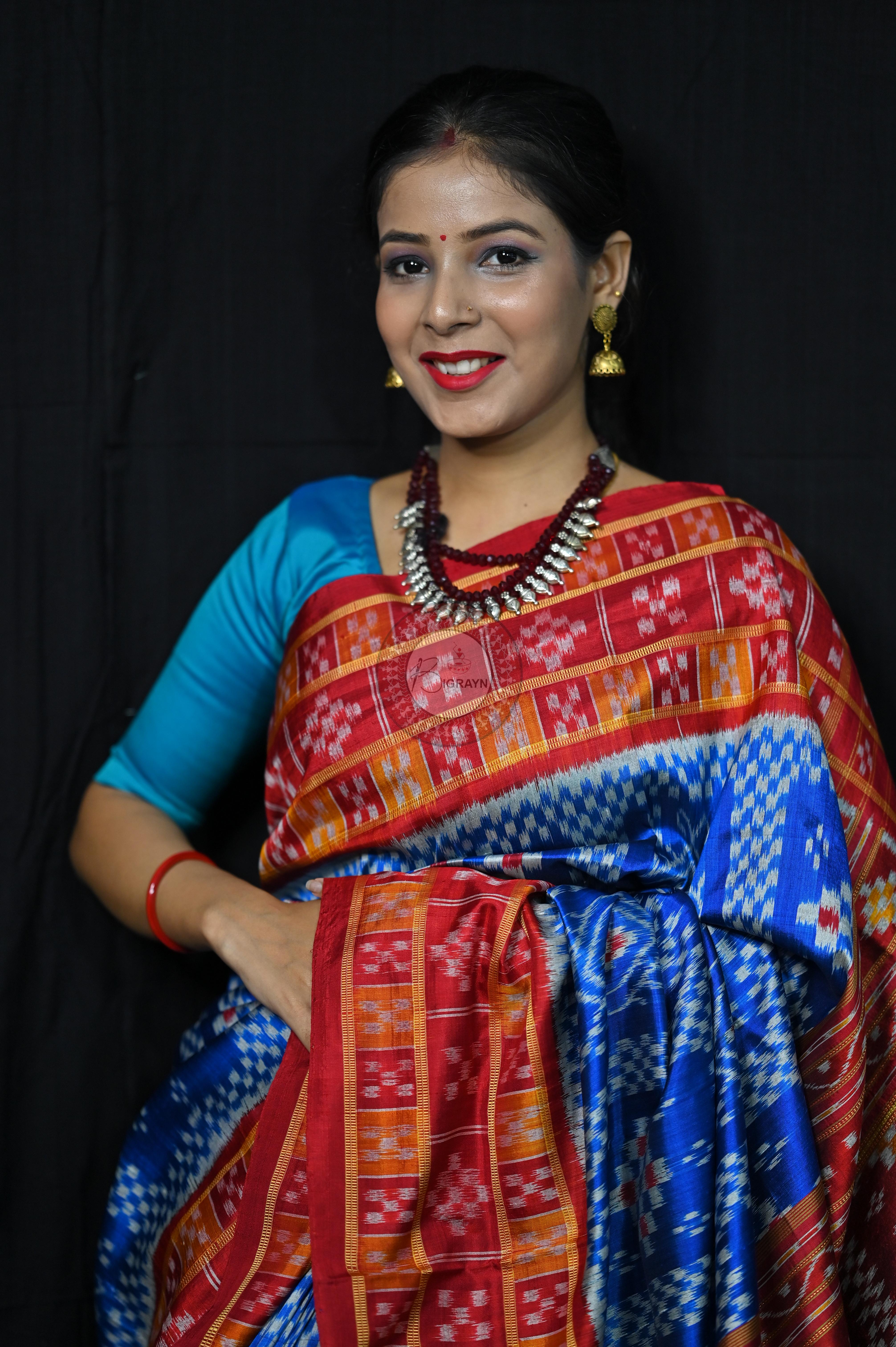 Blue Red 3D Border Pasapali Khandua Silk Saree