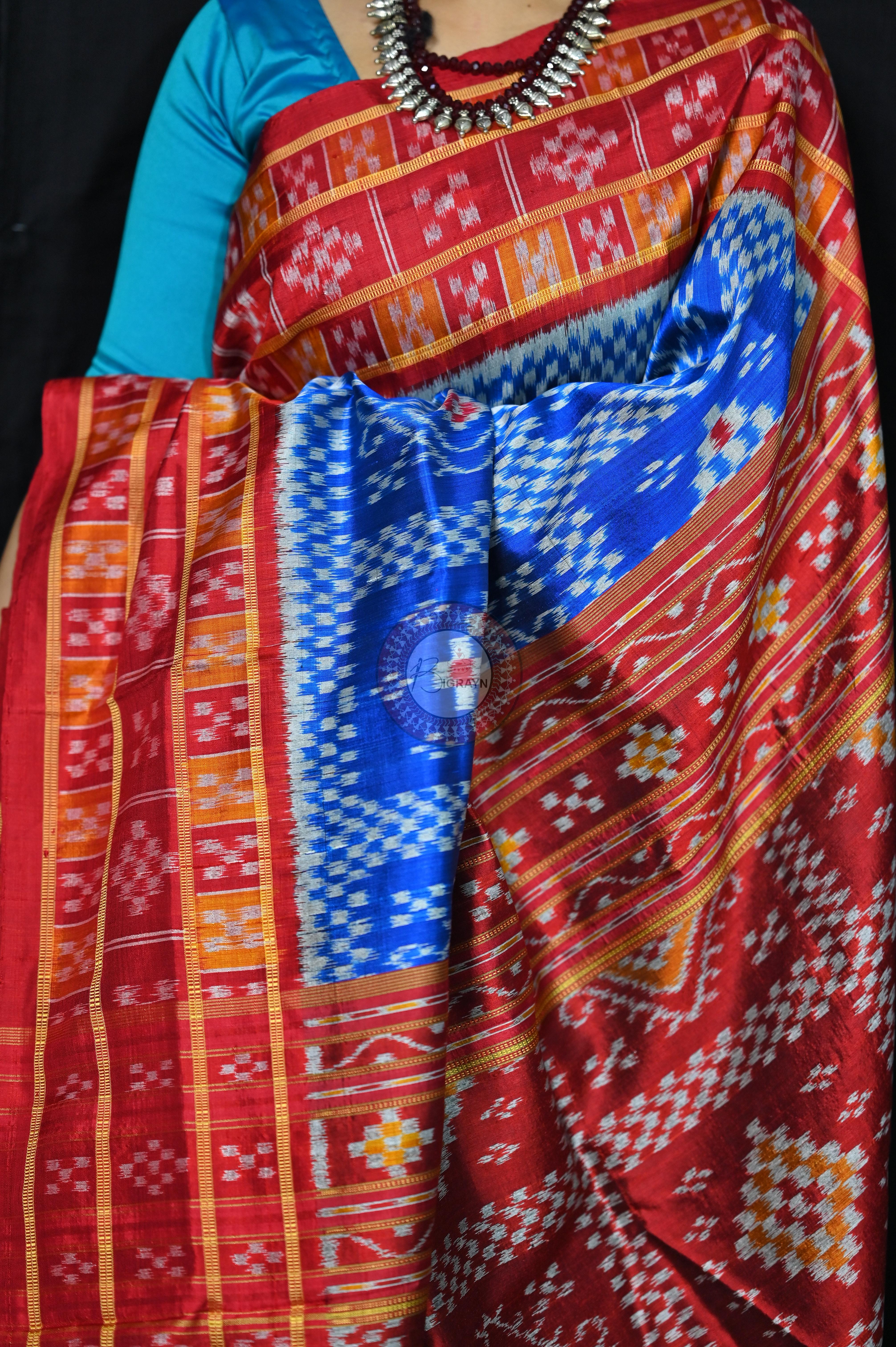 Blue Red 3D Border Pasapali Khandua Silk Saree