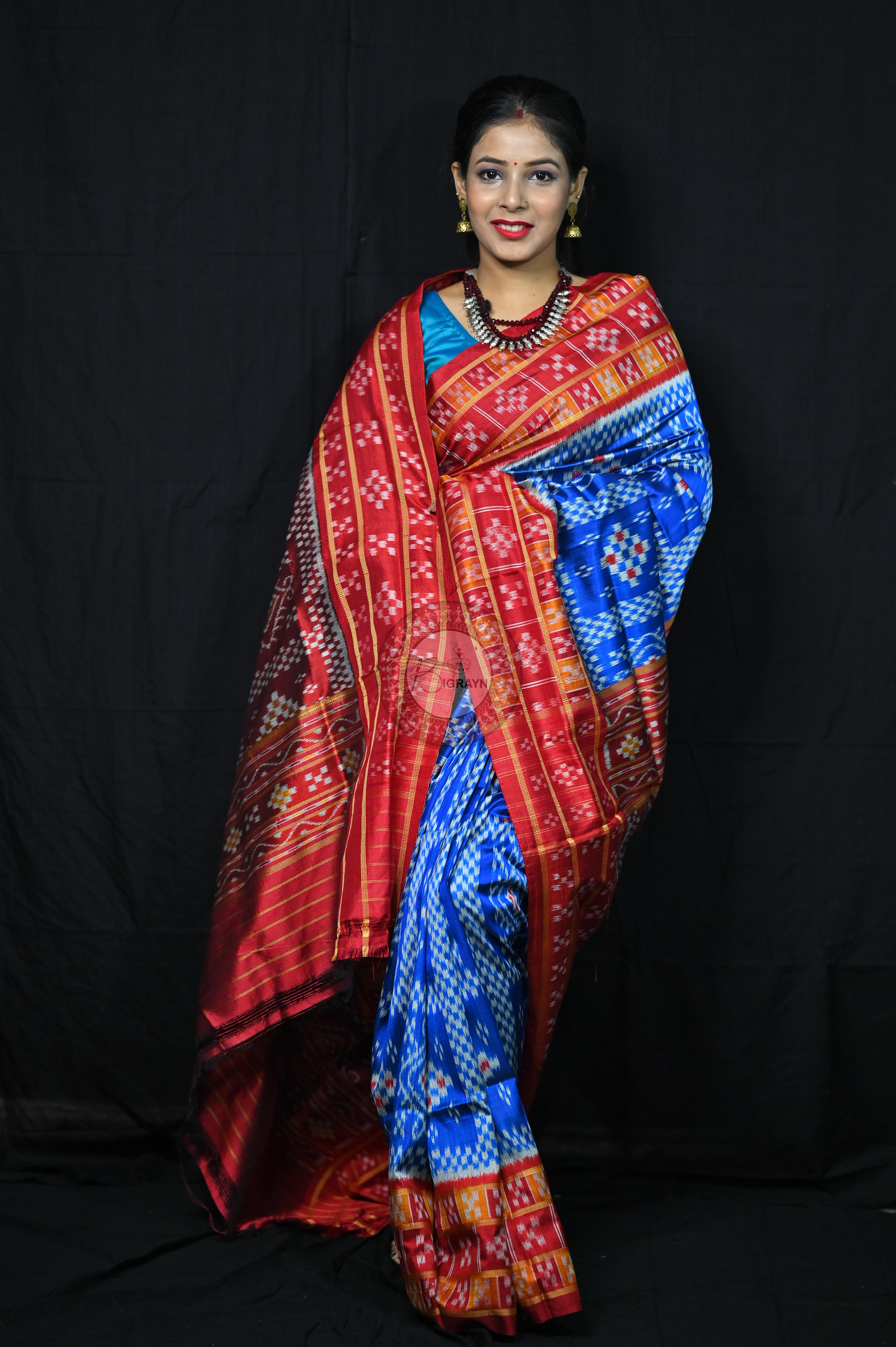 Blue Red 3D Border Pasapali Khandua Silk Saree