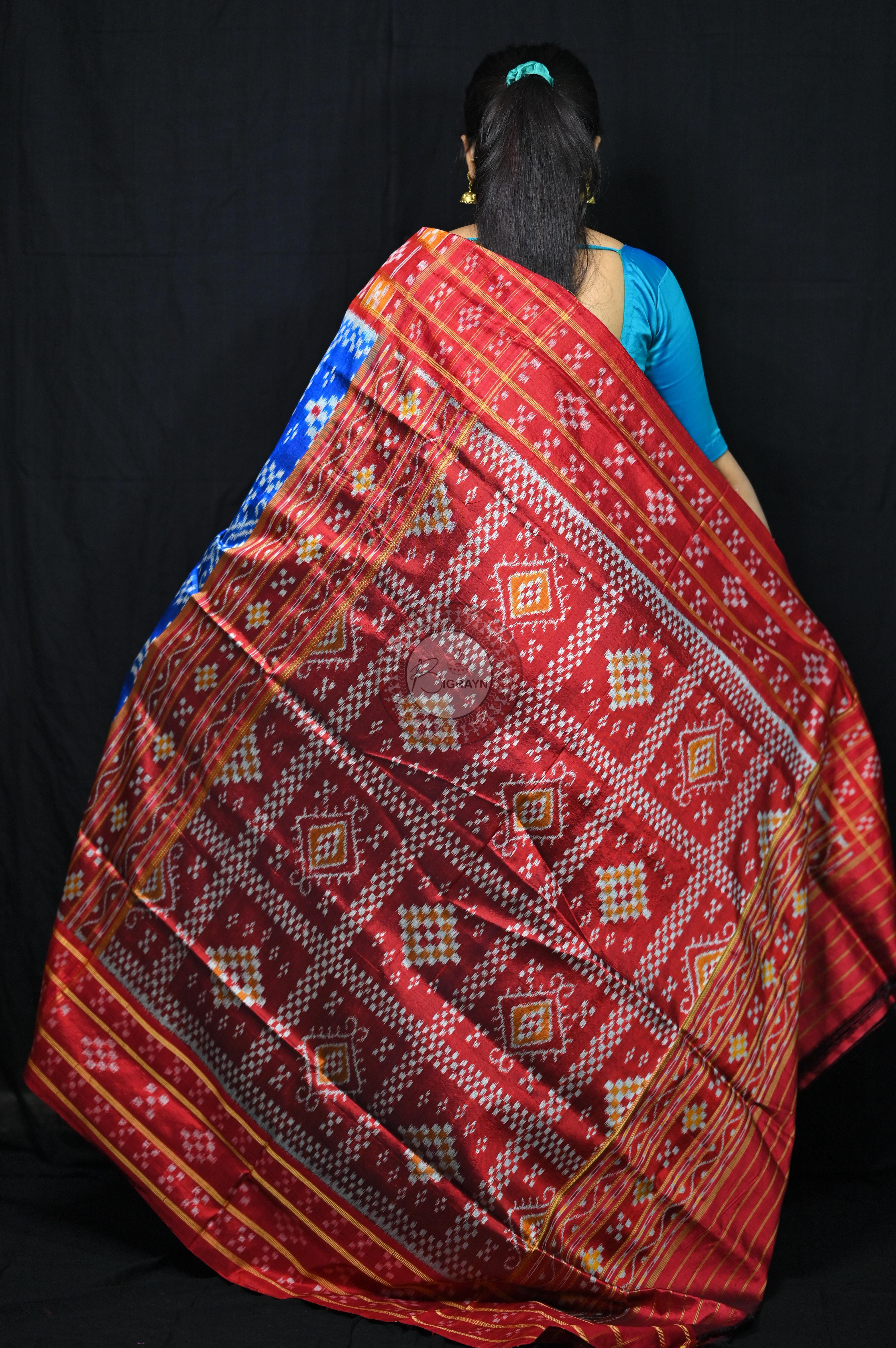 Blue Red 3D Border Pasapali Khandua Silk Saree
