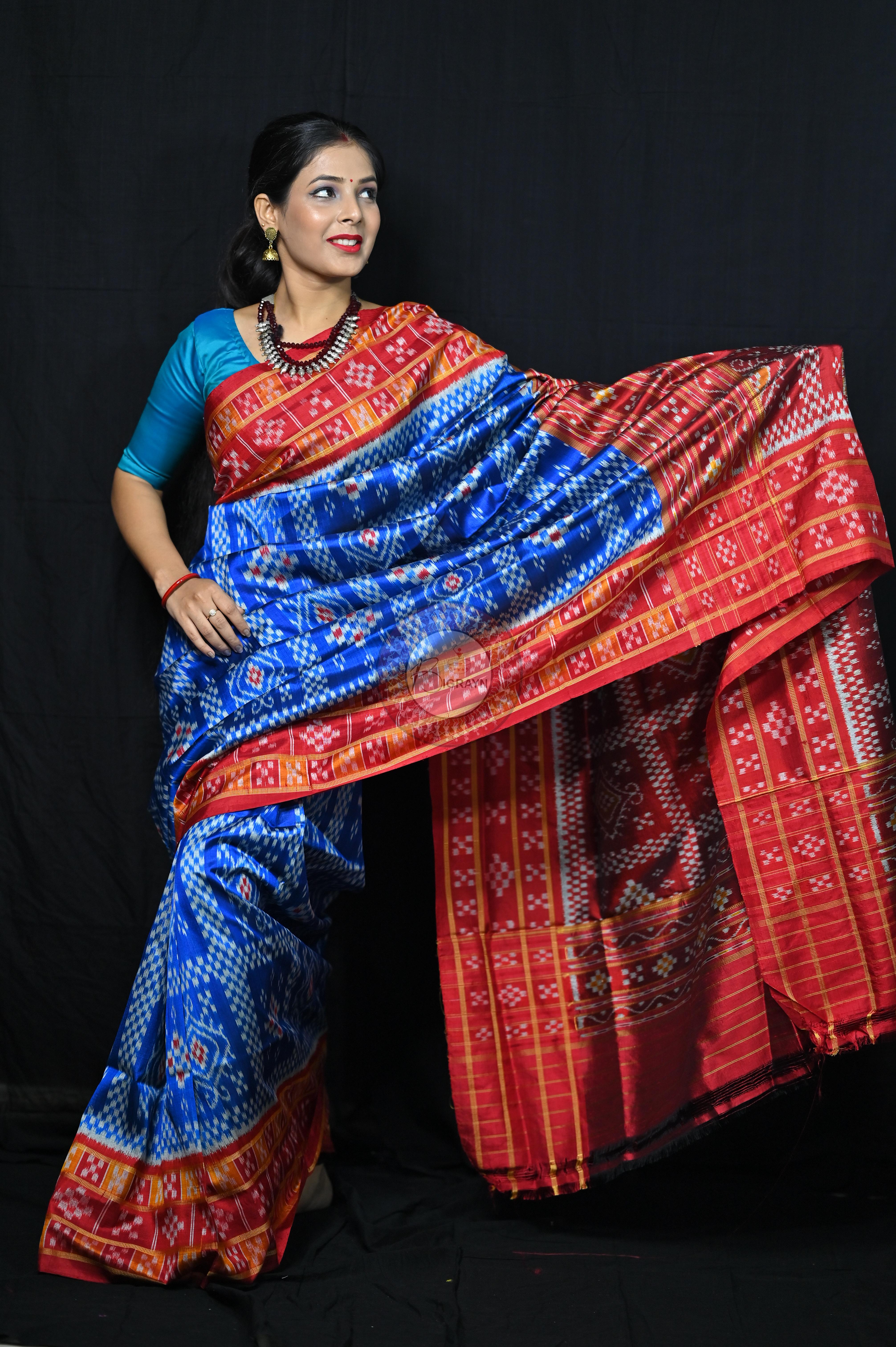Blue Red 3D Border Pasapali Khandua Silk Saree