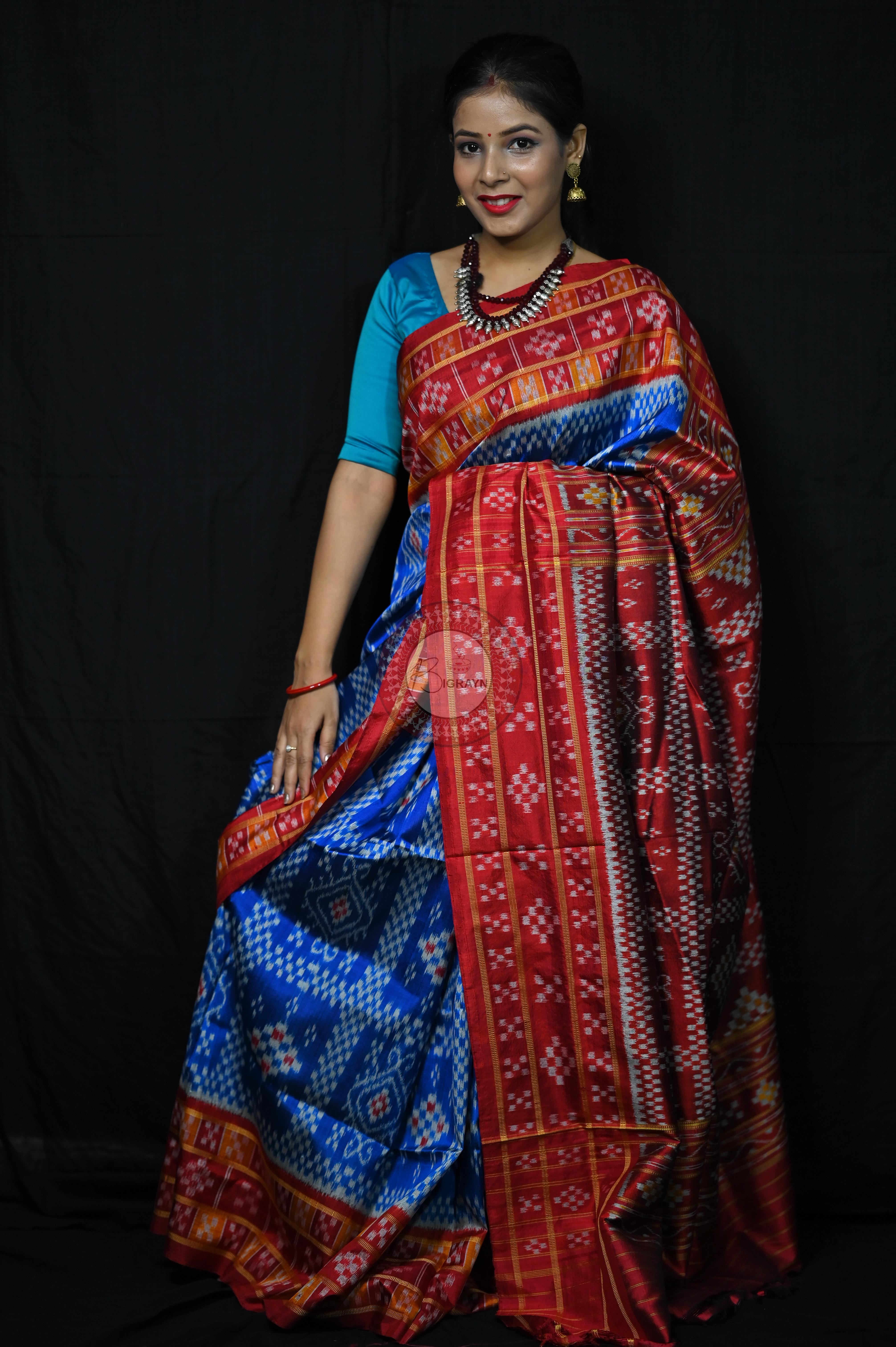 Blue Red 3D Border Pasapali Khandua Silk Saree