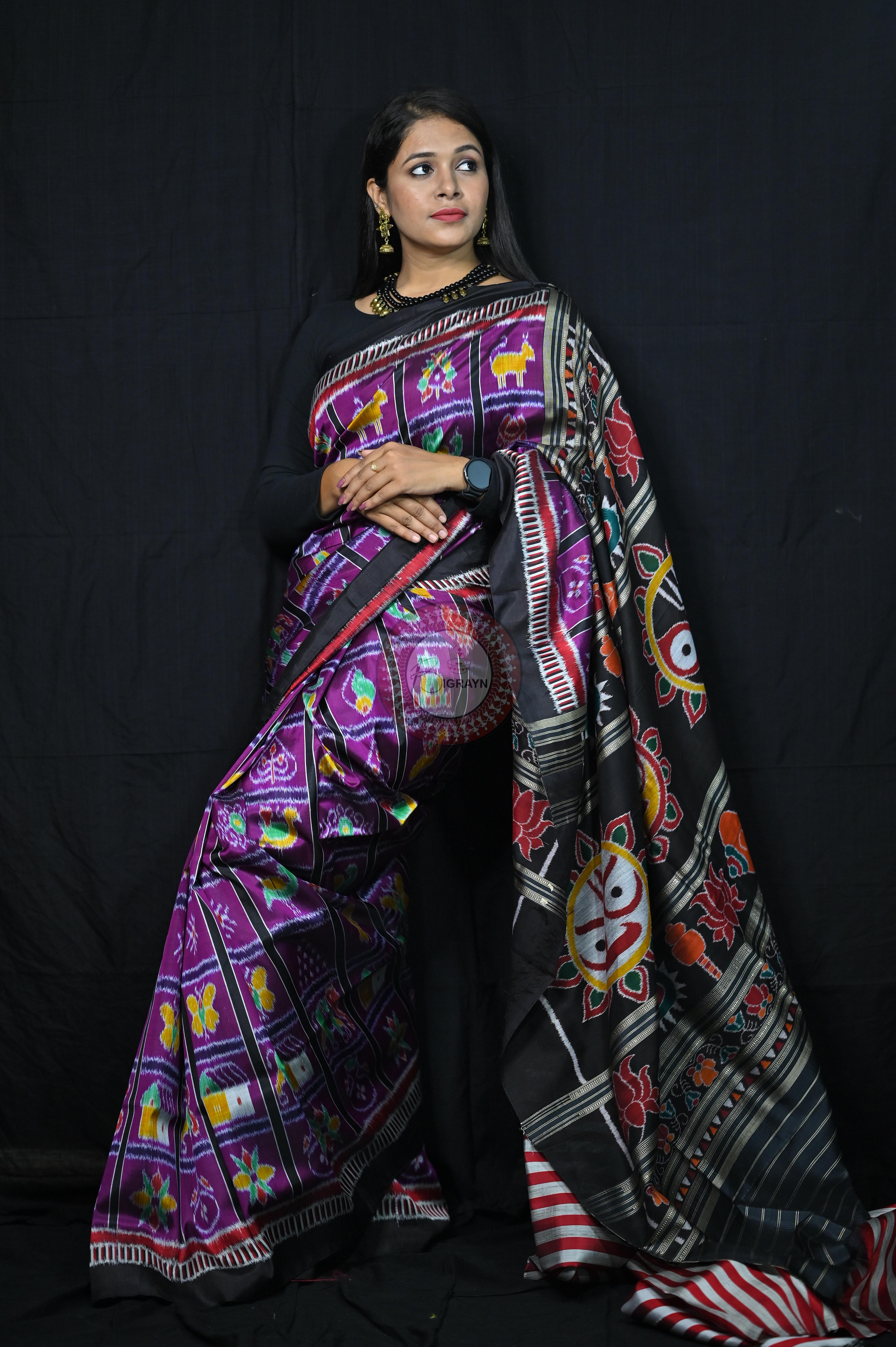 Purple Black Kathifera Nabakothi Khandua Silk Saree