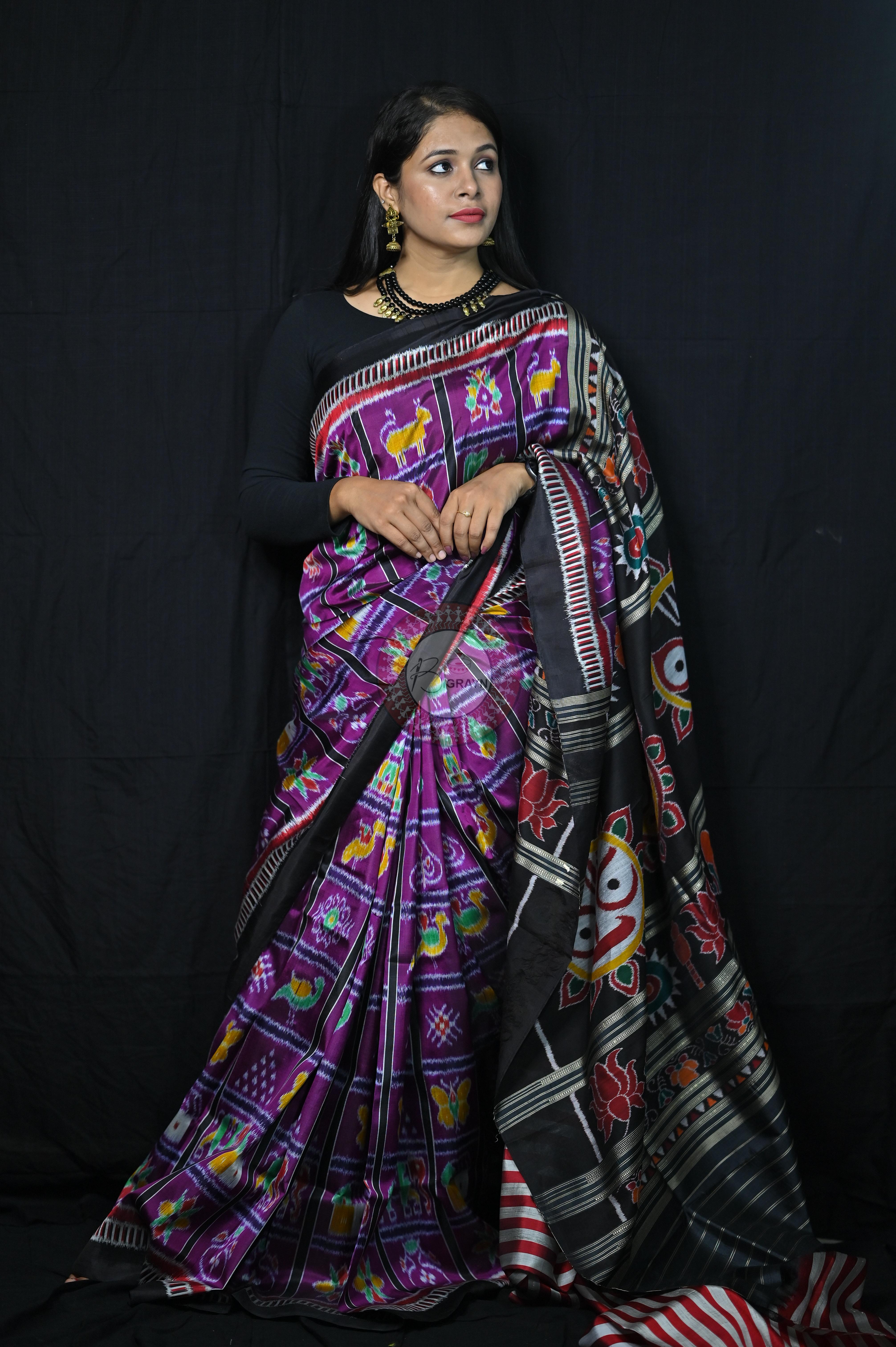 Purple Black Kathifera Nabakothi Khandua Silk Saree