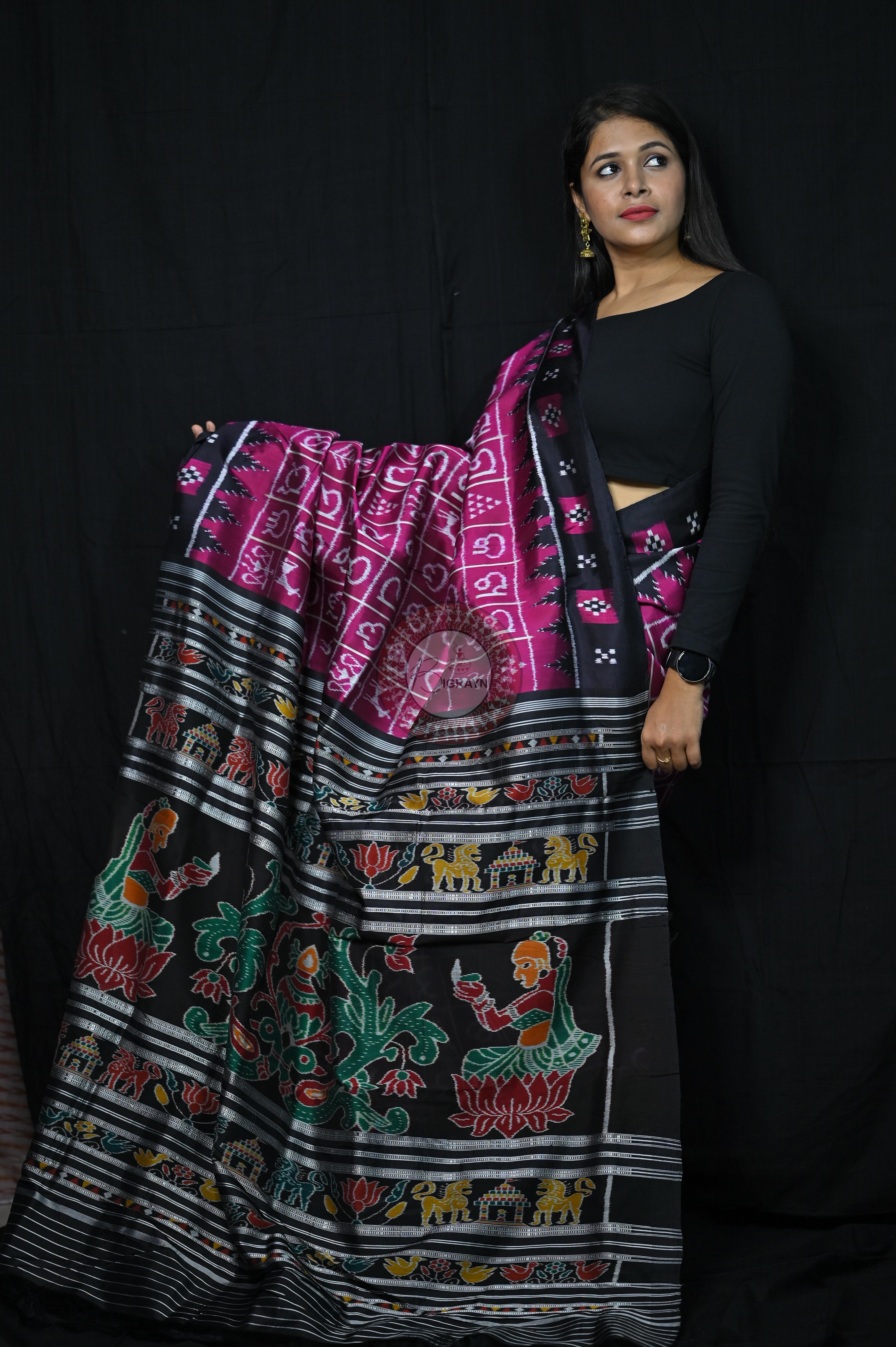 Magenta Black Odia Alphabet Khandua Silk Saree