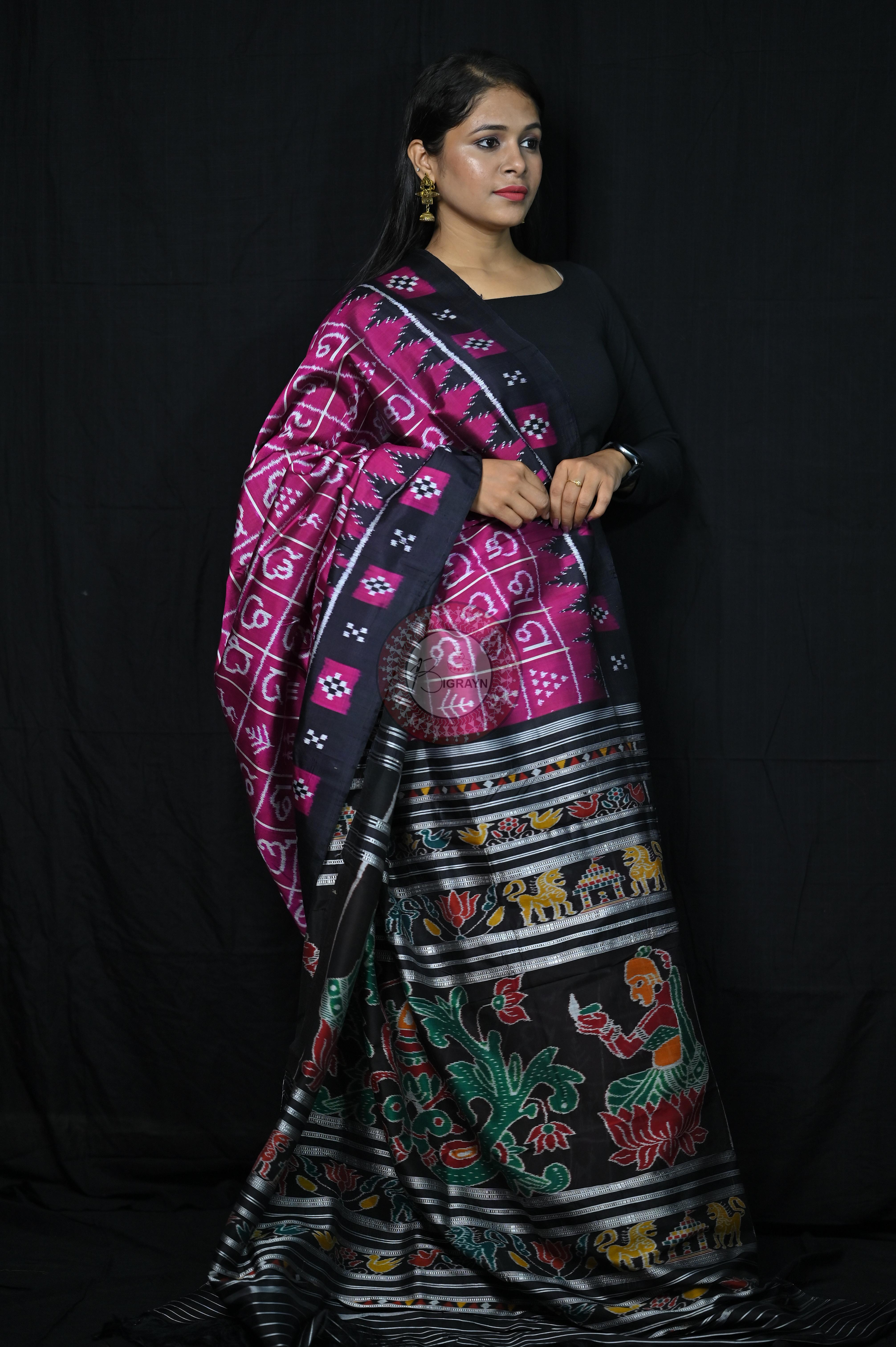 Magenta Black Odia Alphabet Khandua Silk Saree