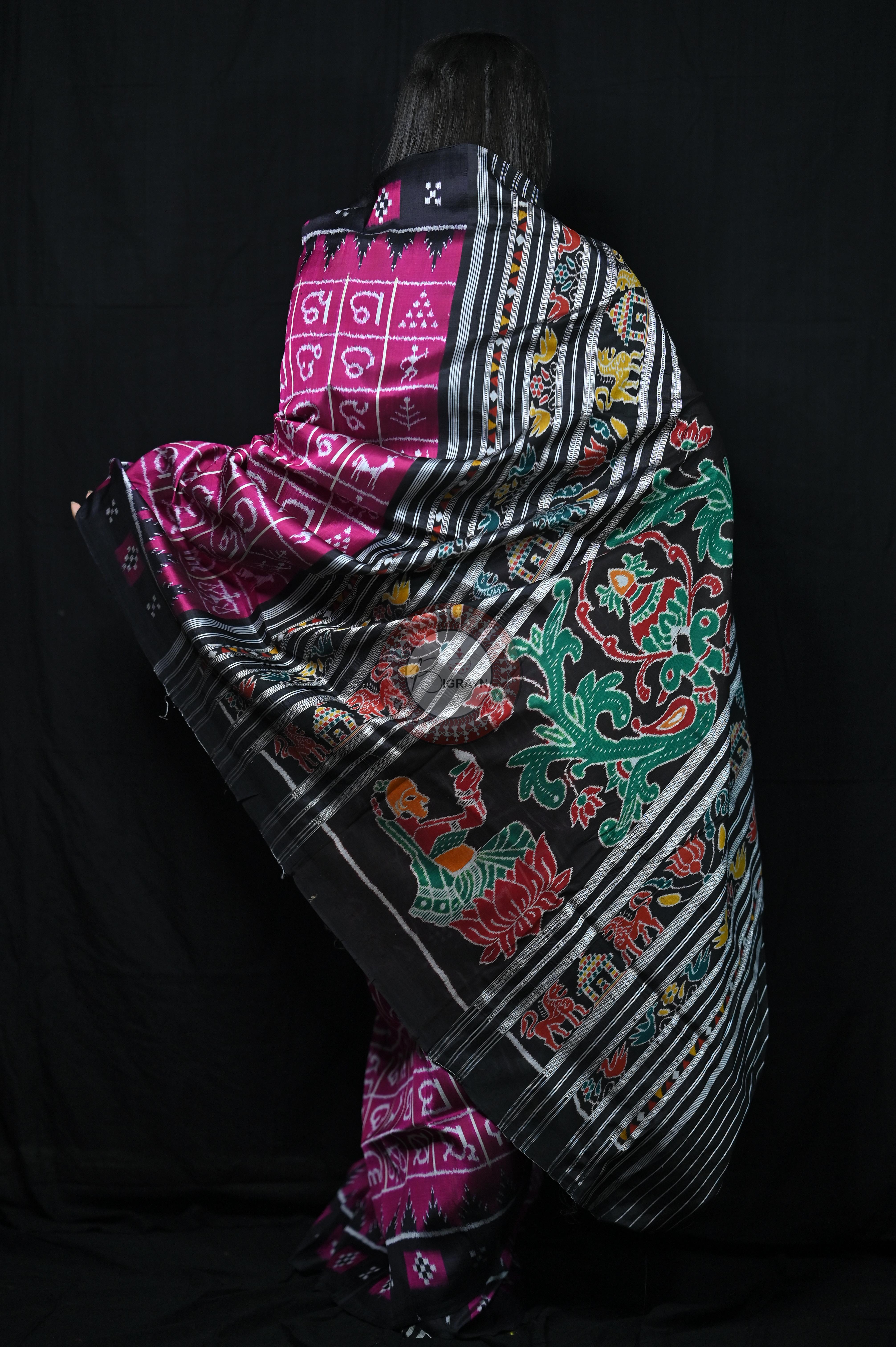Magenta Black Odia Alphabet Khandua Silk Saree