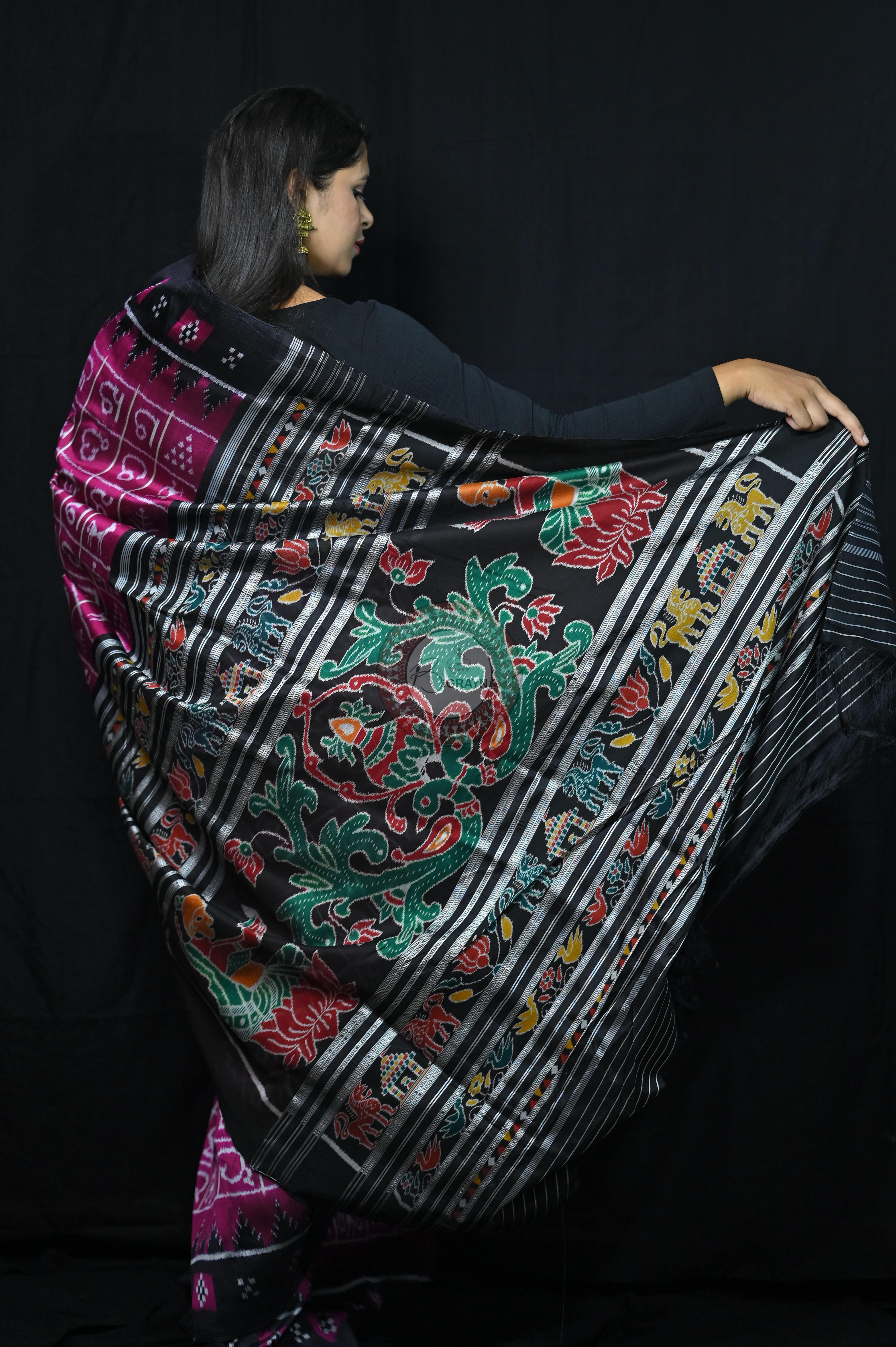Magenta Black Odia Alphabet Khandua Silk Saree