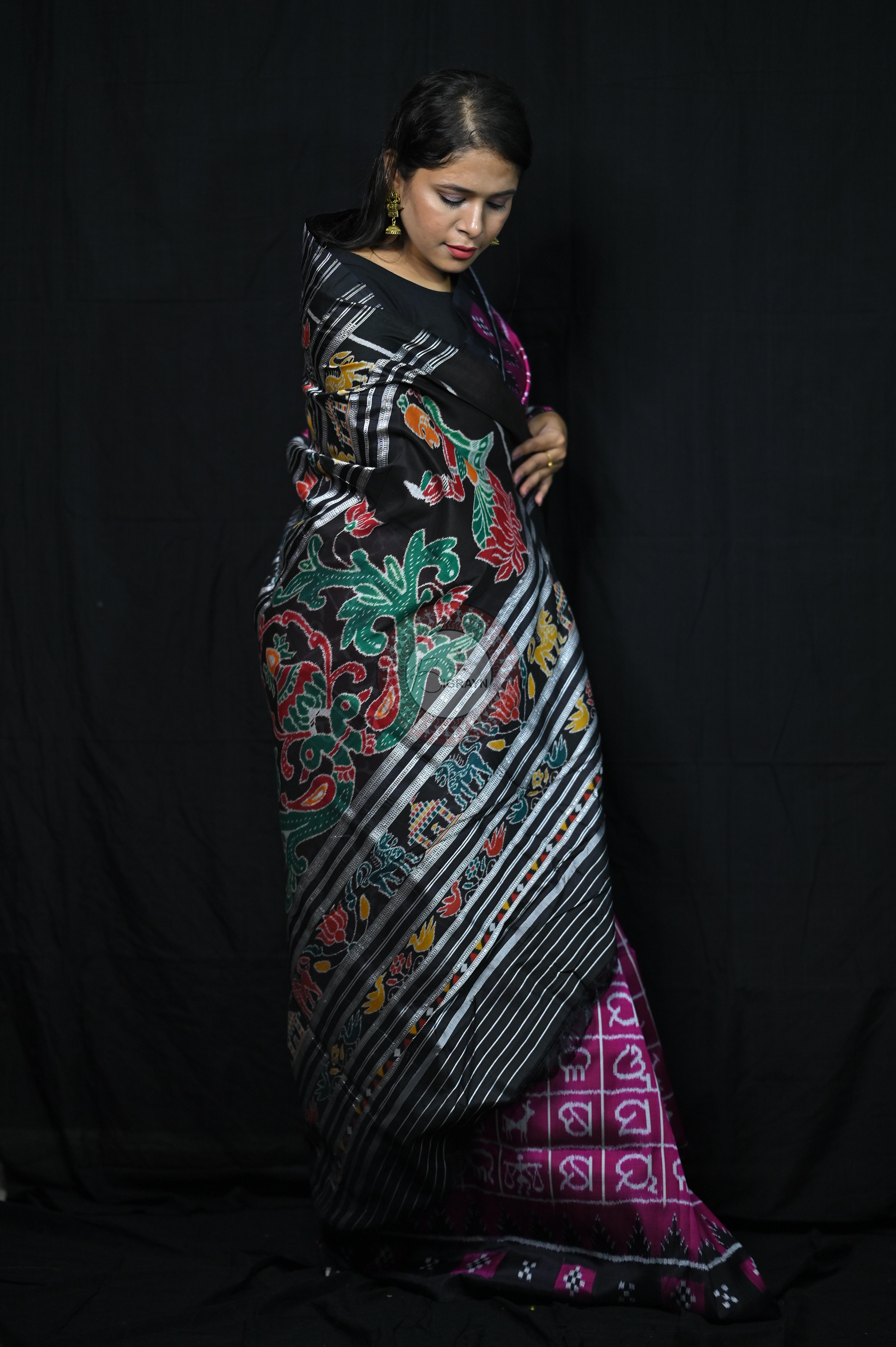 Magenta Black Odia Alphabet Khandua Silk Saree