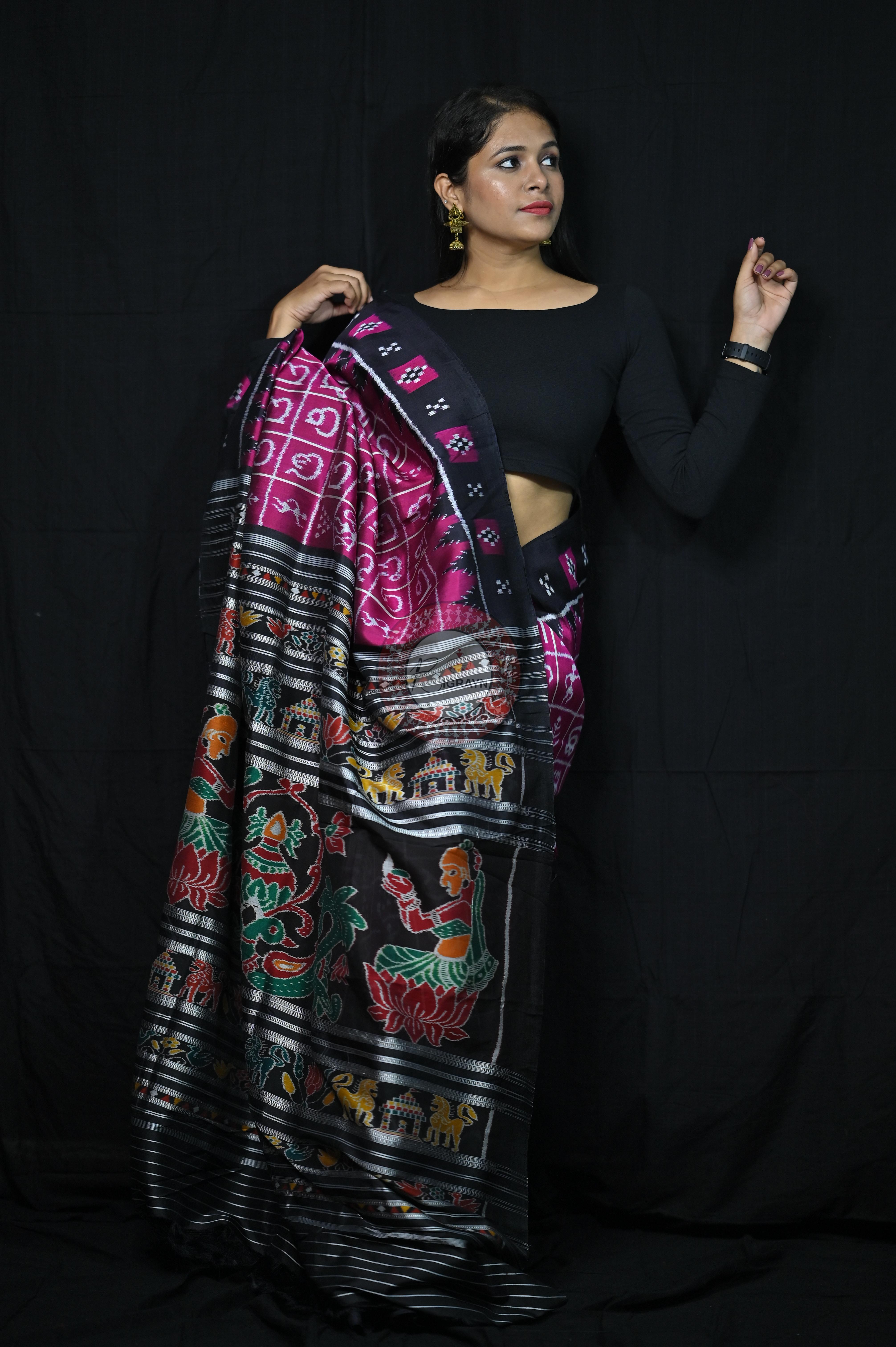 Magenta Black Odia Alphabet Khandua Silk Saree