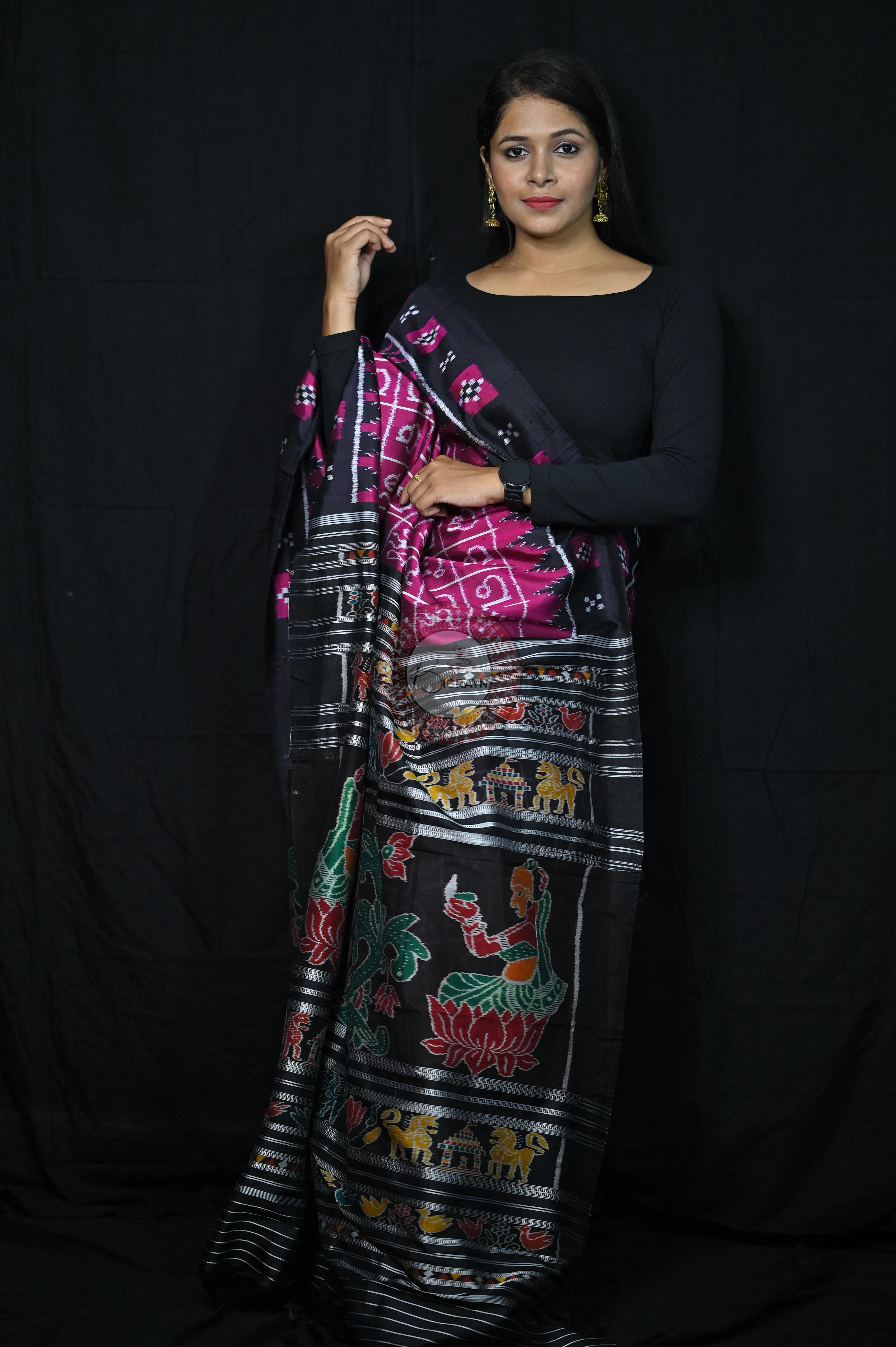 Magenta Black Odia Alphabet Khandua Silk Saree