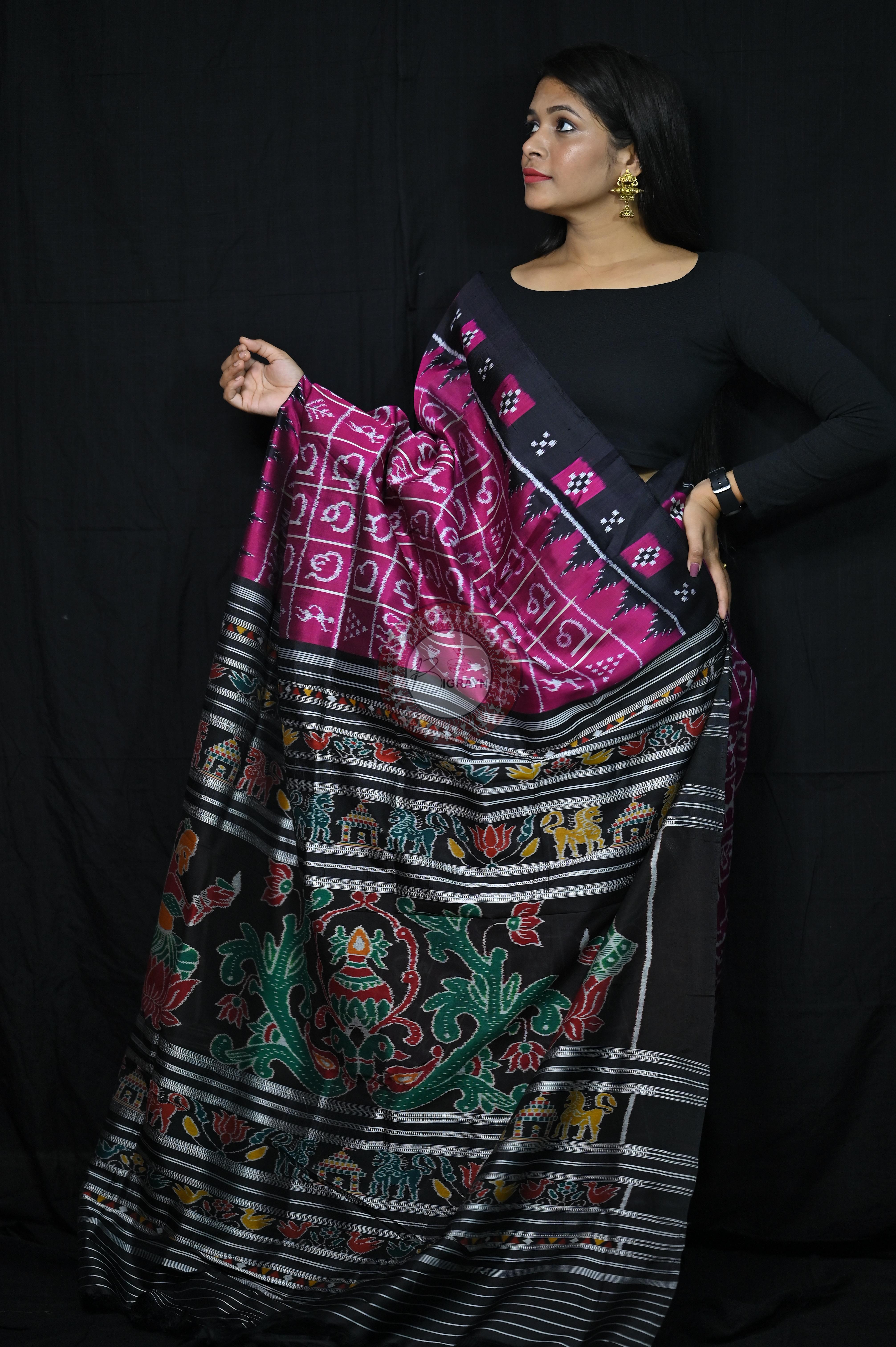 Magenta Black Odia Alphabet Khandua Silk Saree