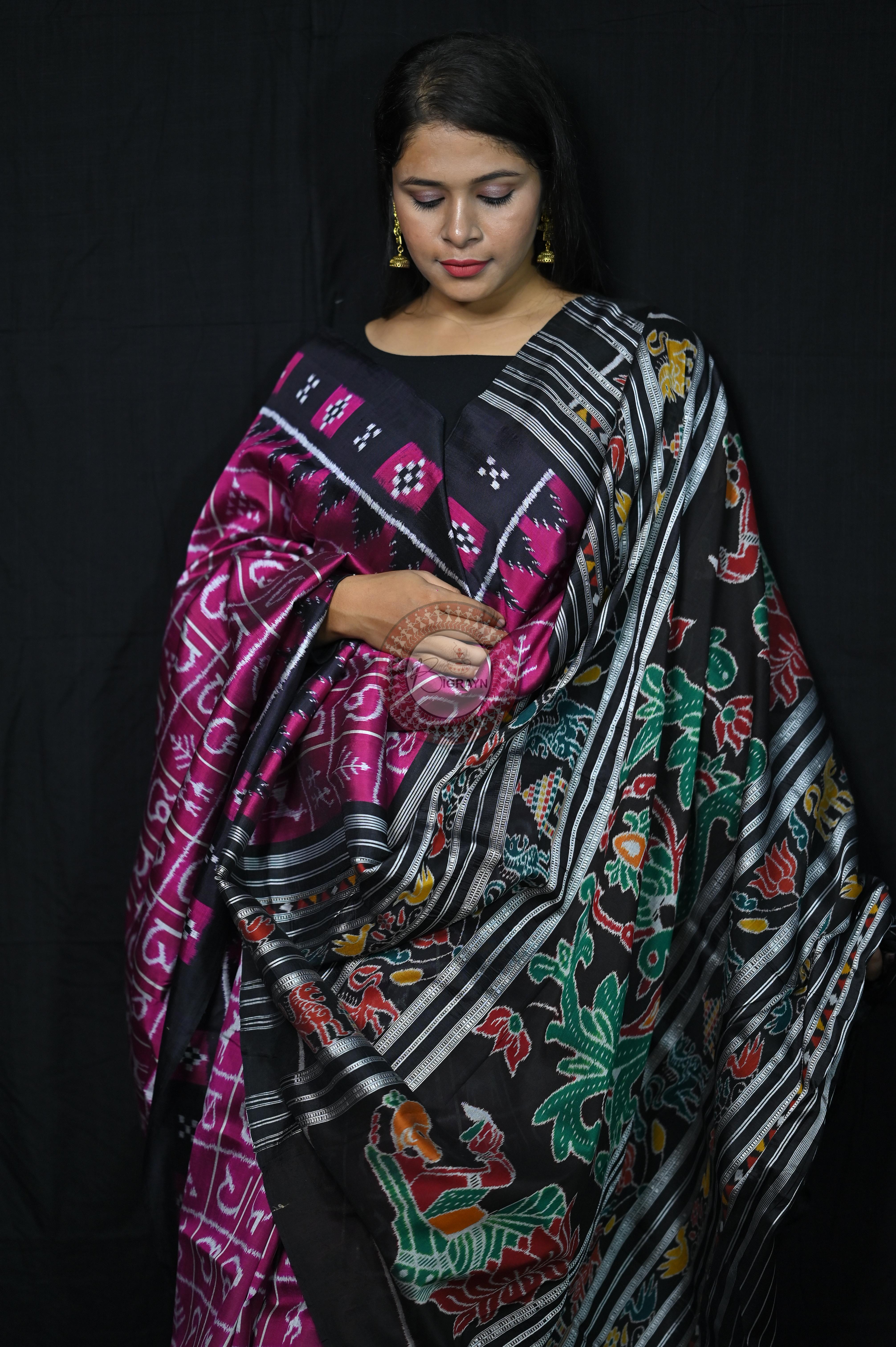 Magenta Black Odia Alphabet Khandua Silk Saree