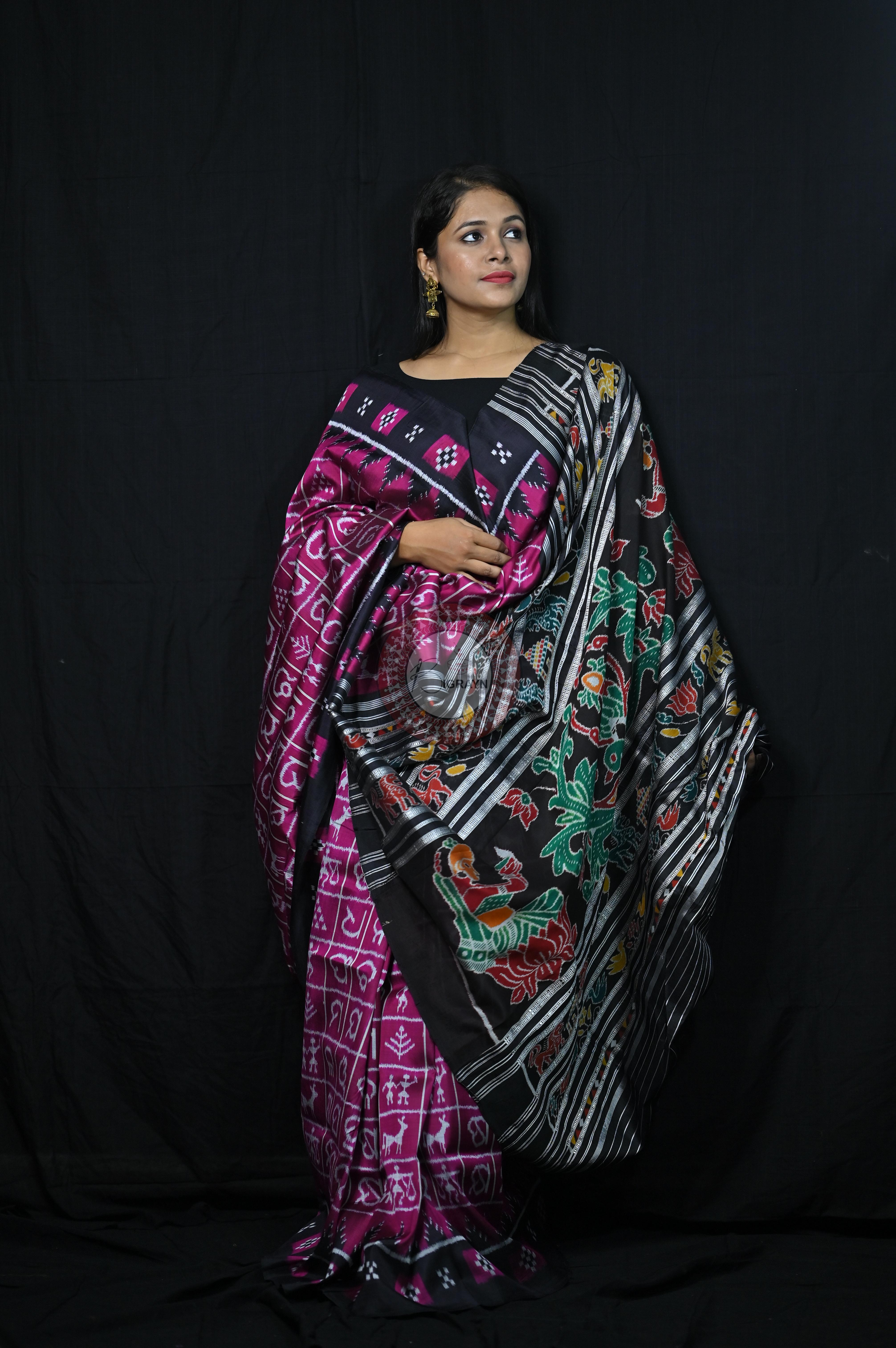 Magenta Black Odia Alphabet Khandua Silk Saree