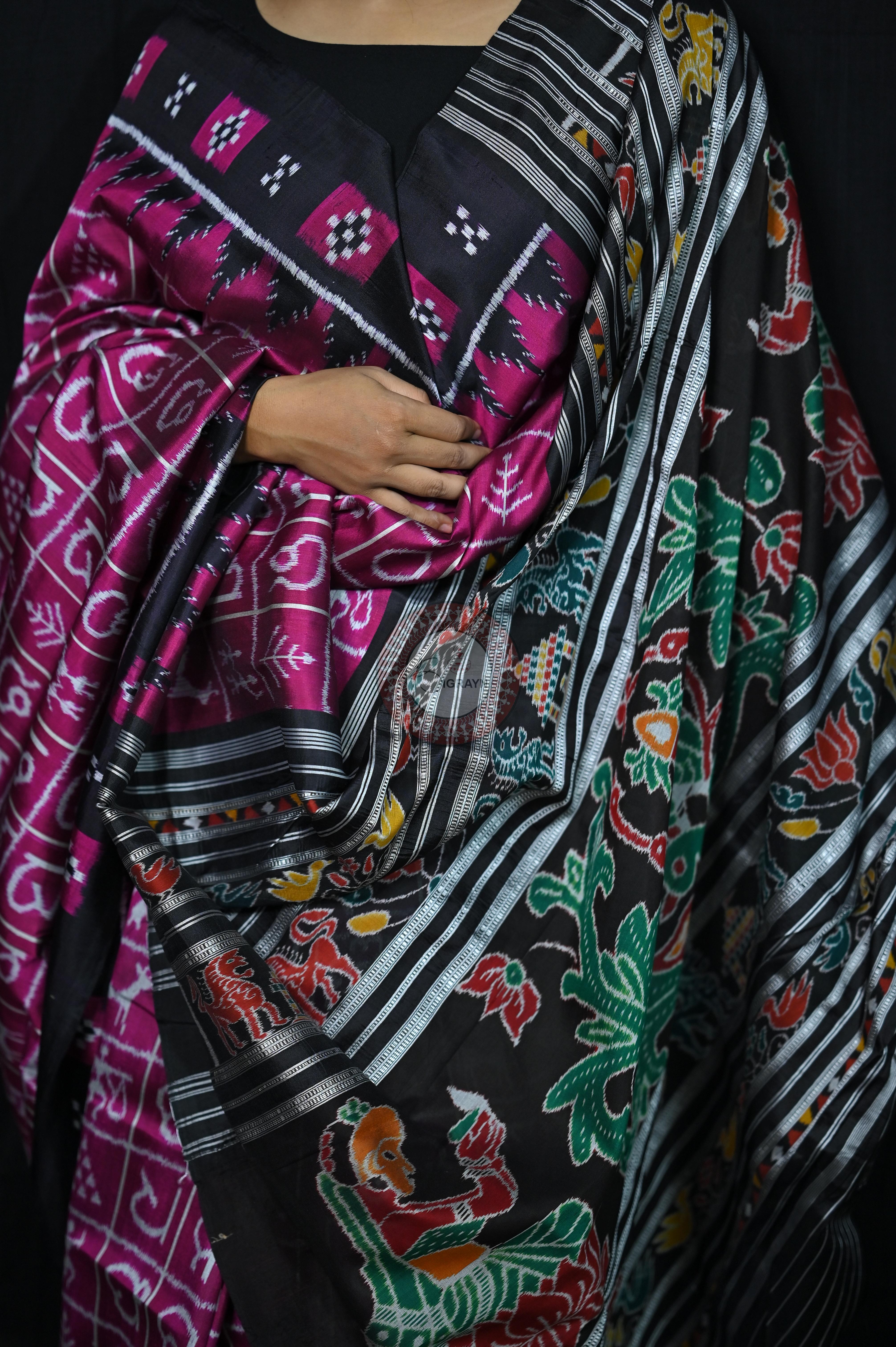 Magenta Black Odia Alphabet Khandua Silk Saree
