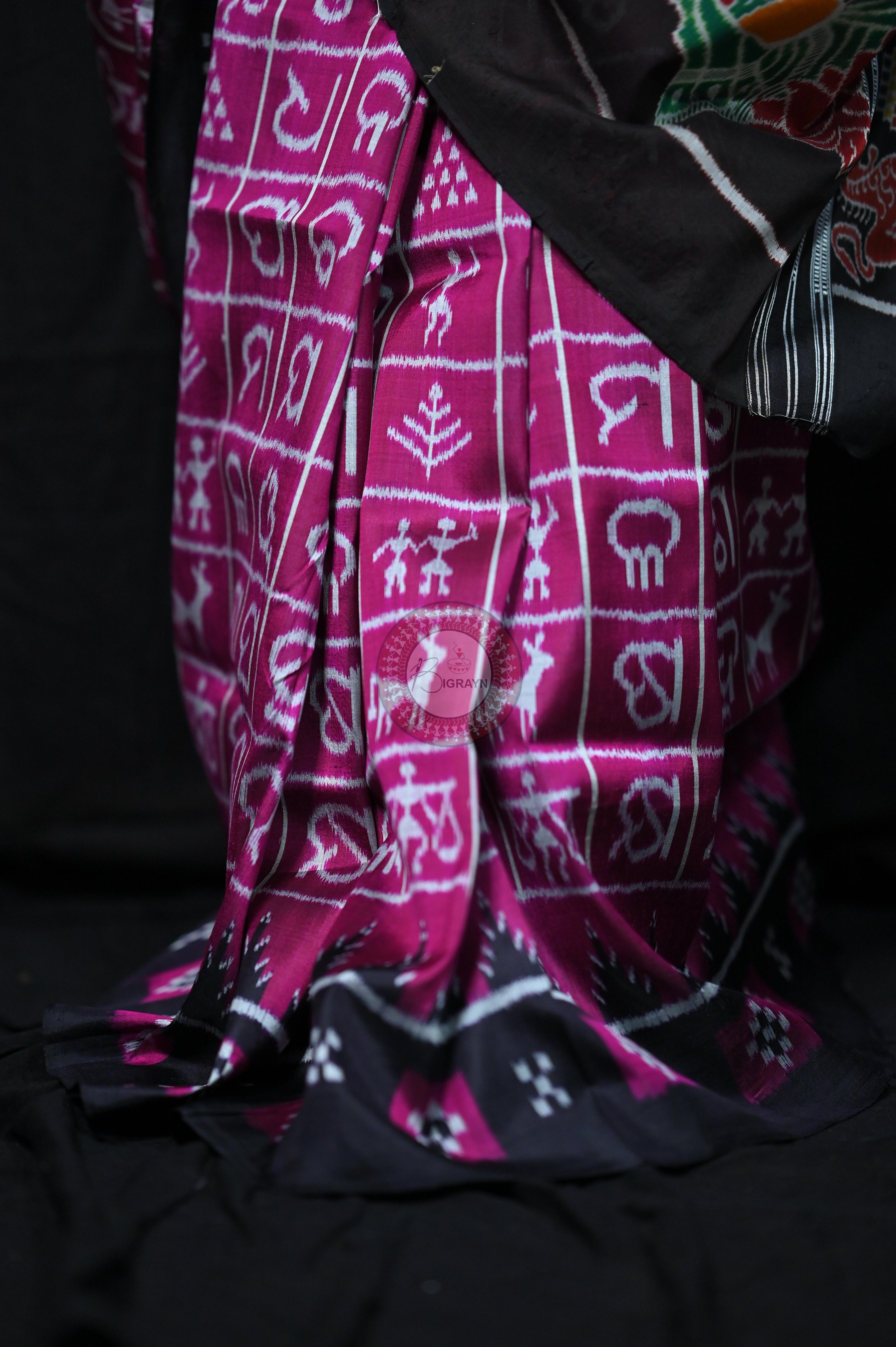 Magenta Black Odia Alphabet Khandua Silk Saree