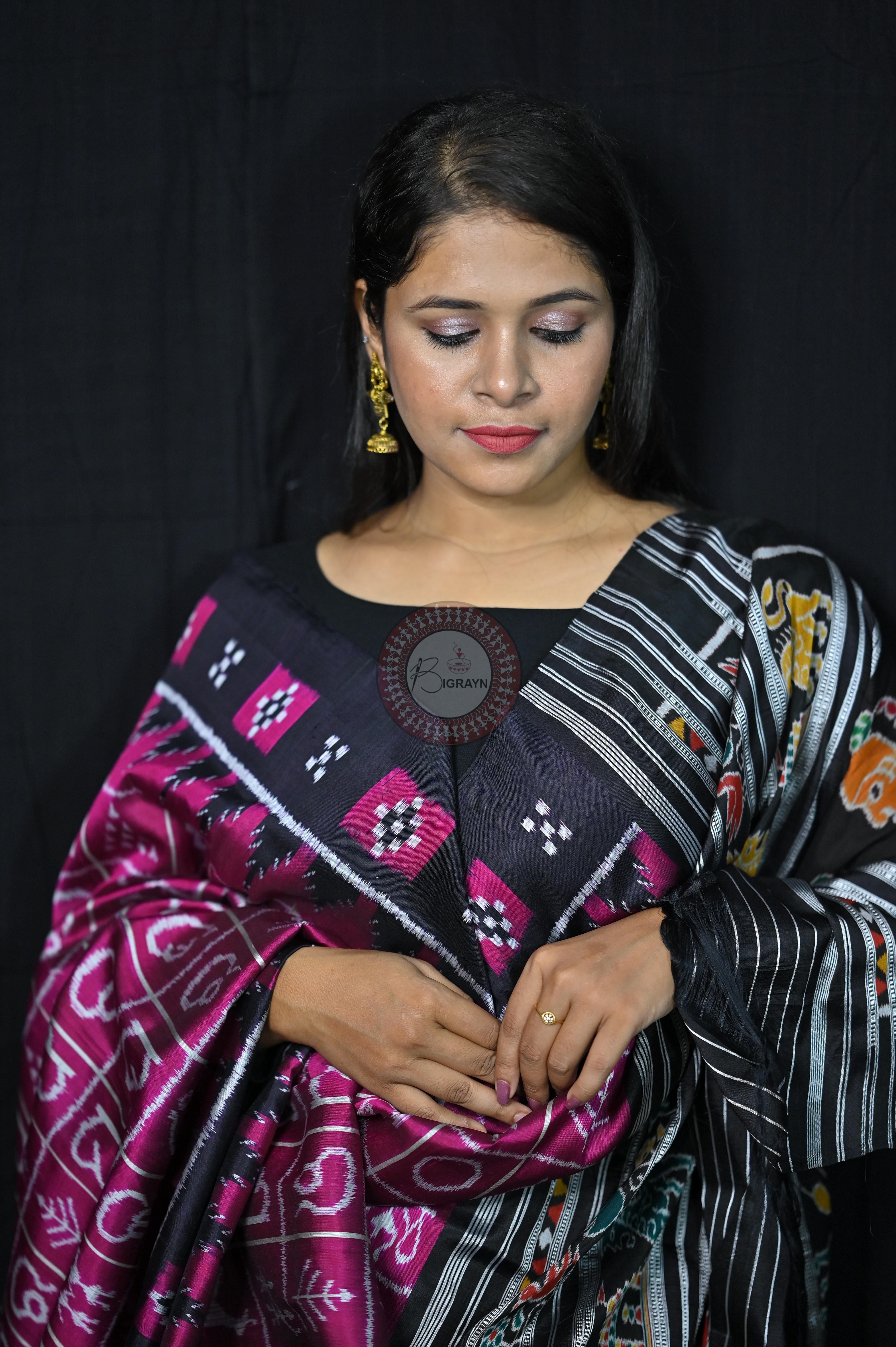 Magenta Black Odia Alphabet Khandua Silk Saree