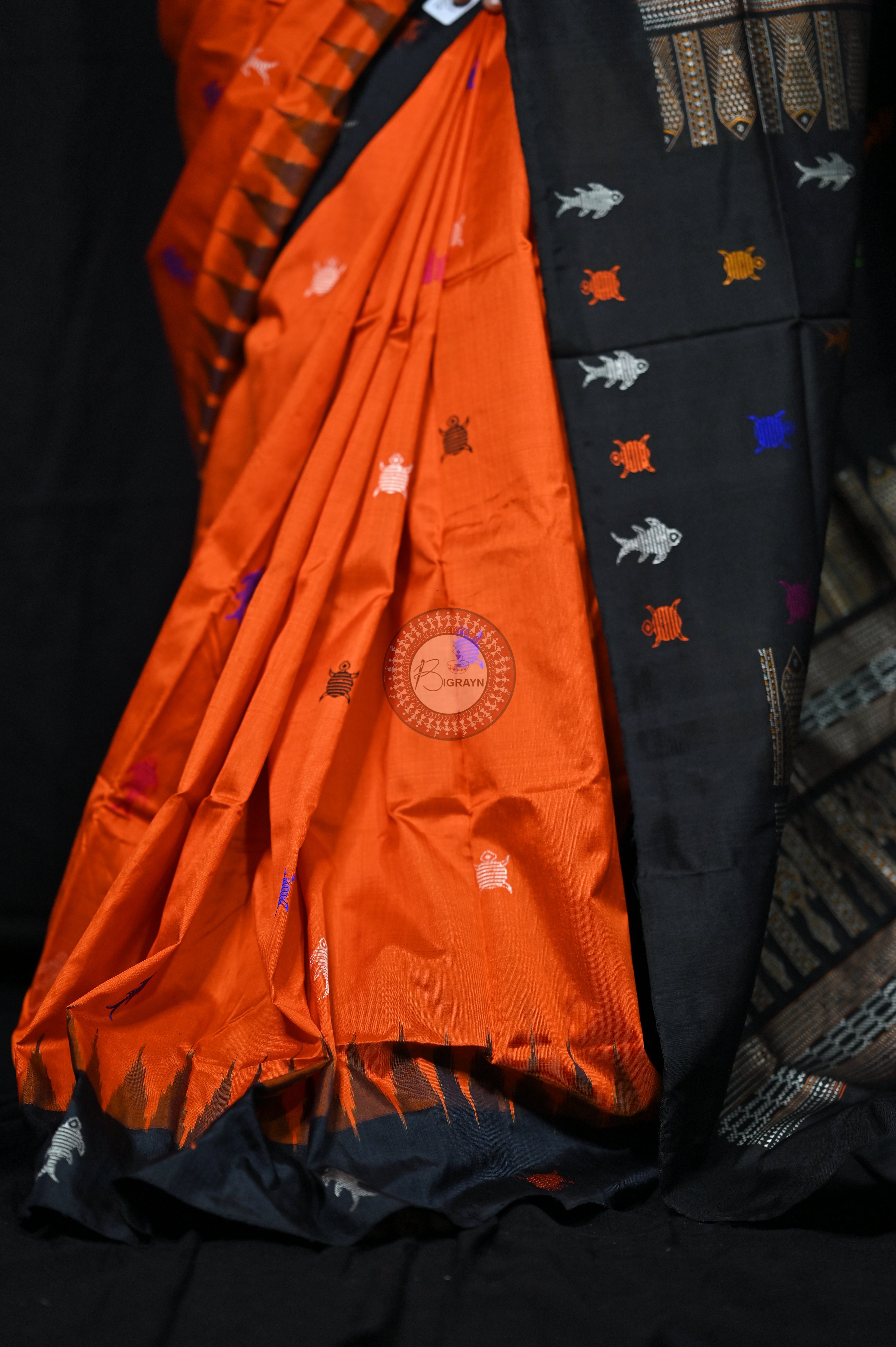 Mastya kachhap Orange Black Bomkai Silk Saree