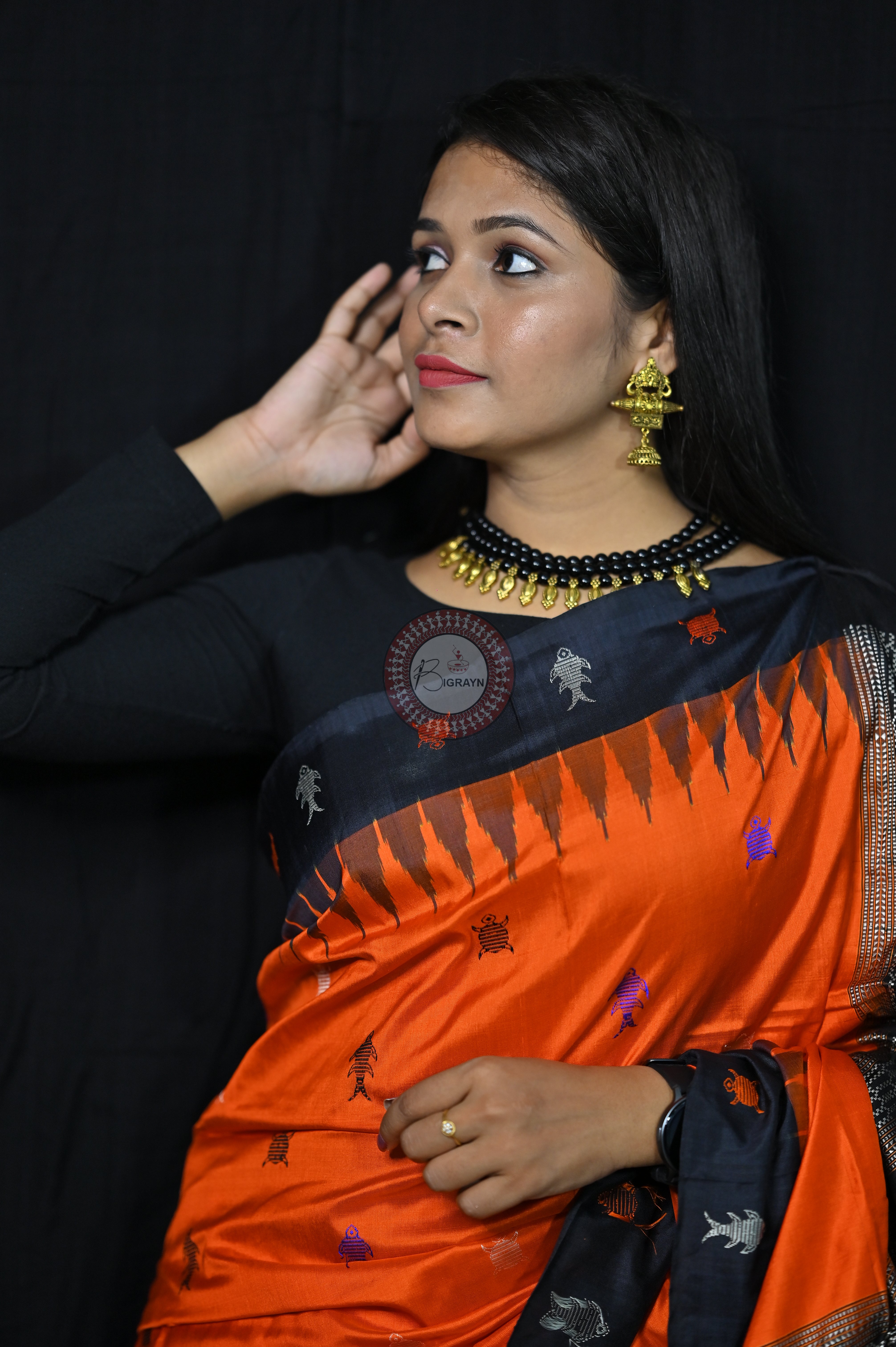 Mastya kachhap Orange Black Bomkai Silk Saree