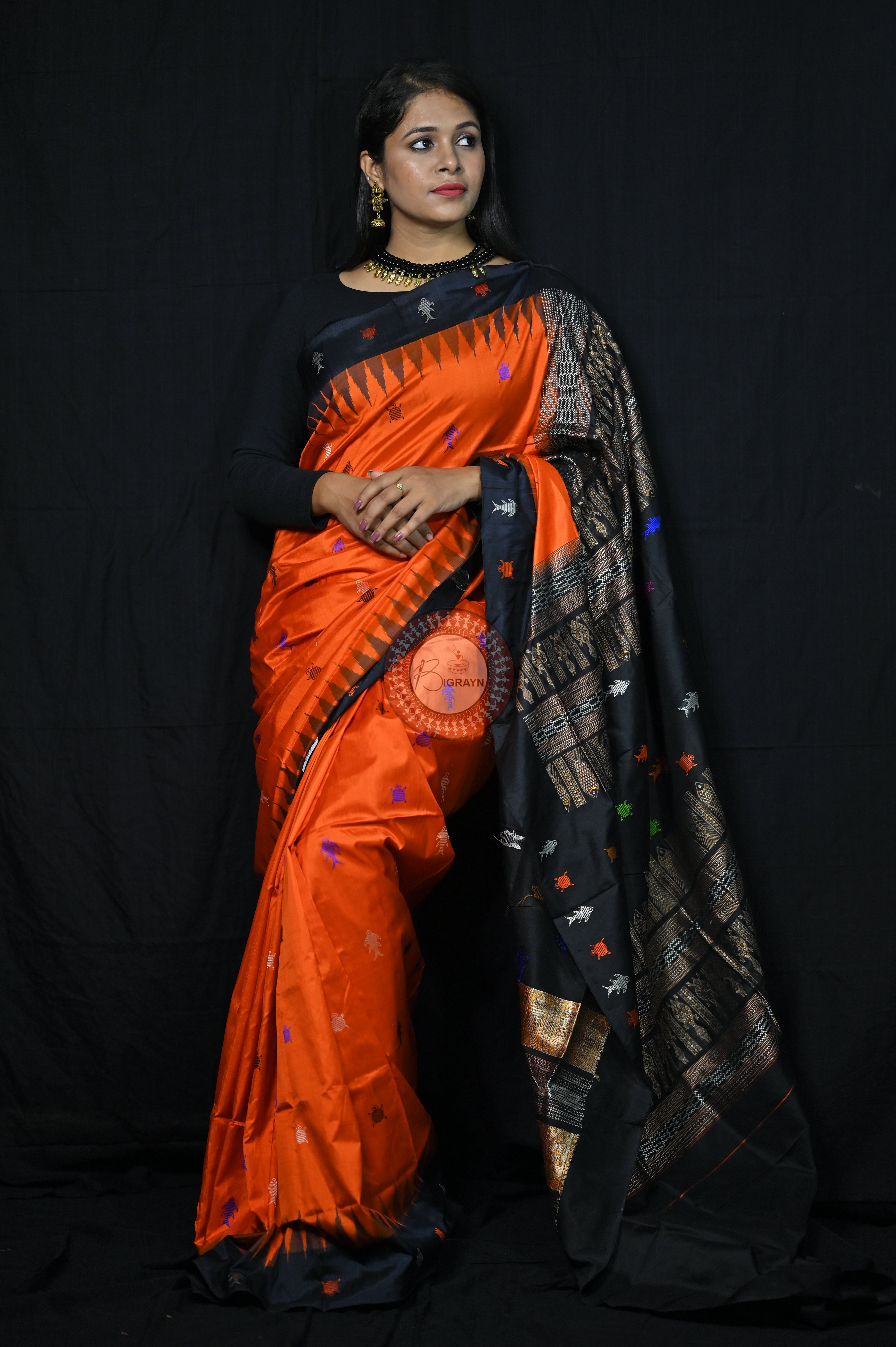 Mastya kachhap Orange Black Bomkai Silk Saree