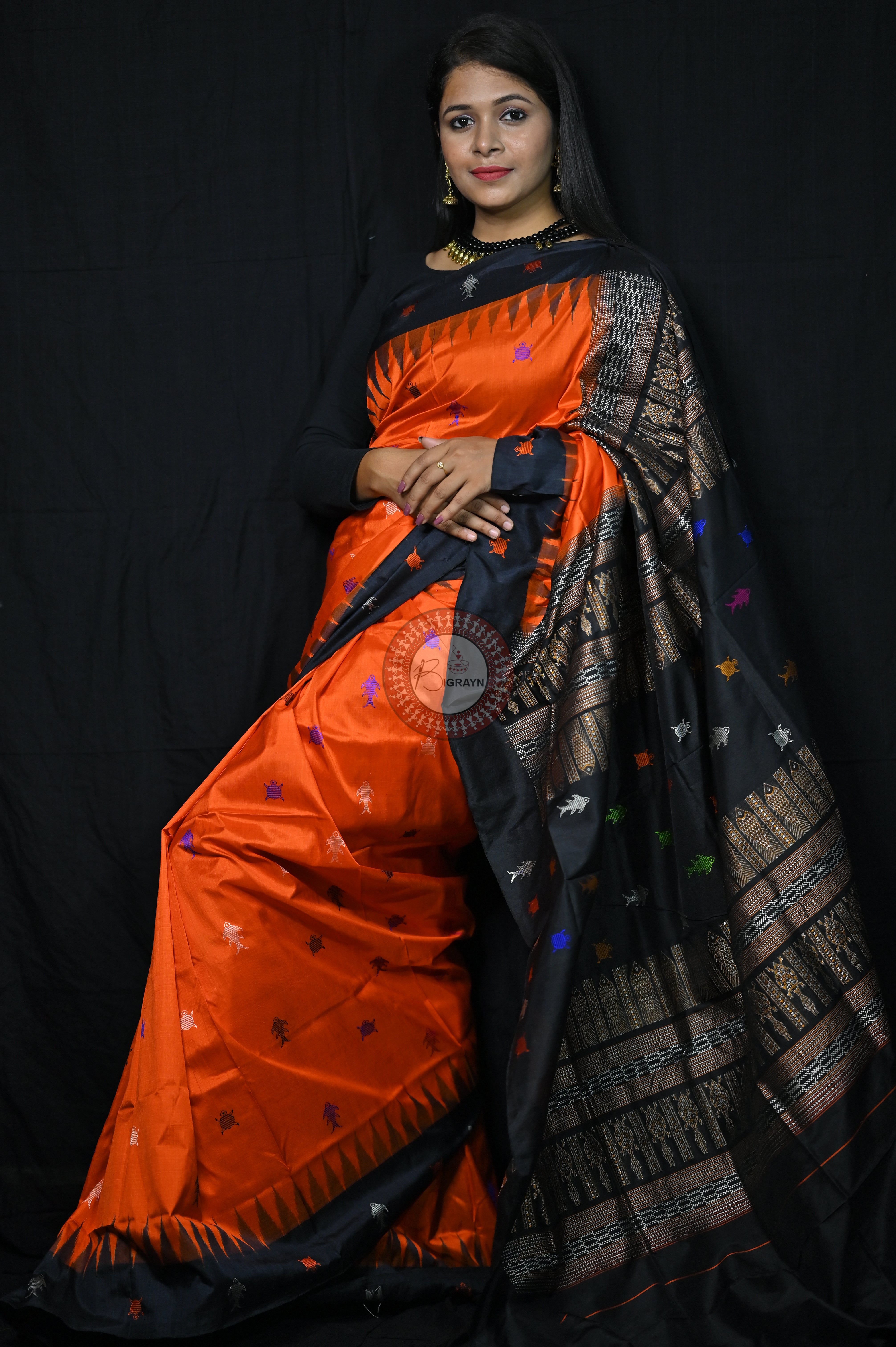 Mastya kachhap Orange Black Bomkai Silk Saree