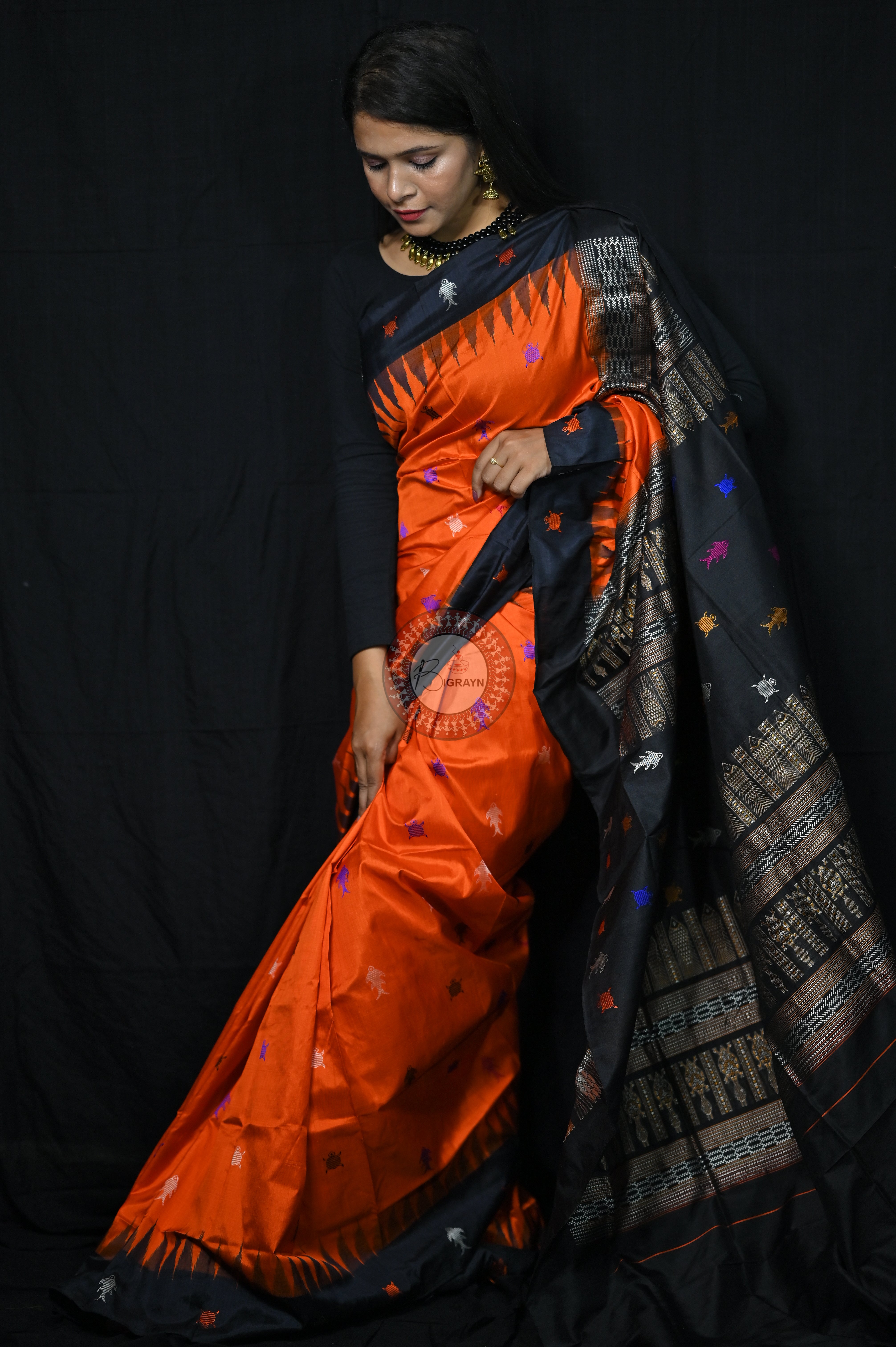 Mastya kachhap Orange Black Bomkai Silk Saree