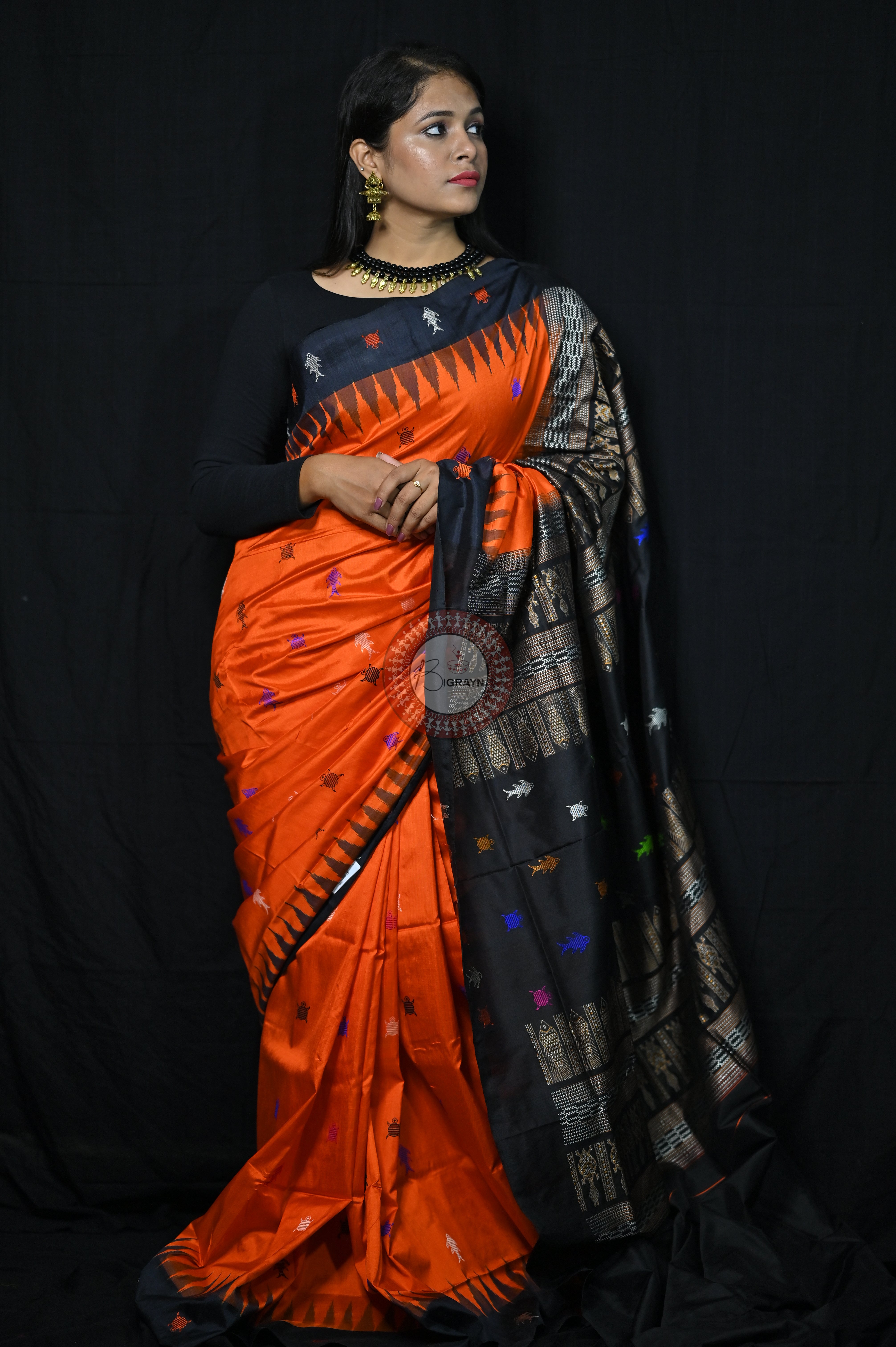 Mastya kachhap Orange Black Bomkai Silk Saree