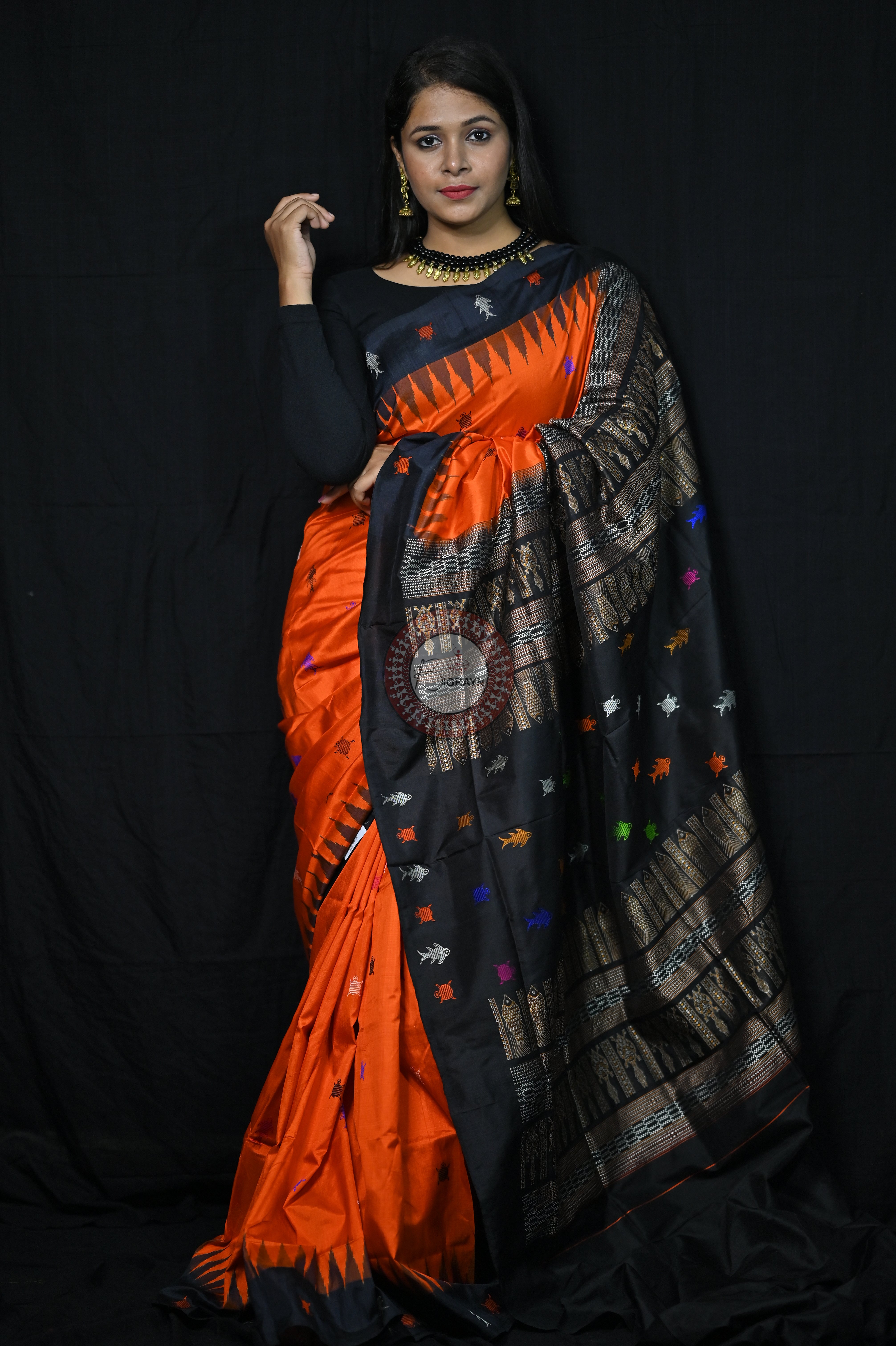 Mastya kachhap Orange Black Bomkai Silk Saree