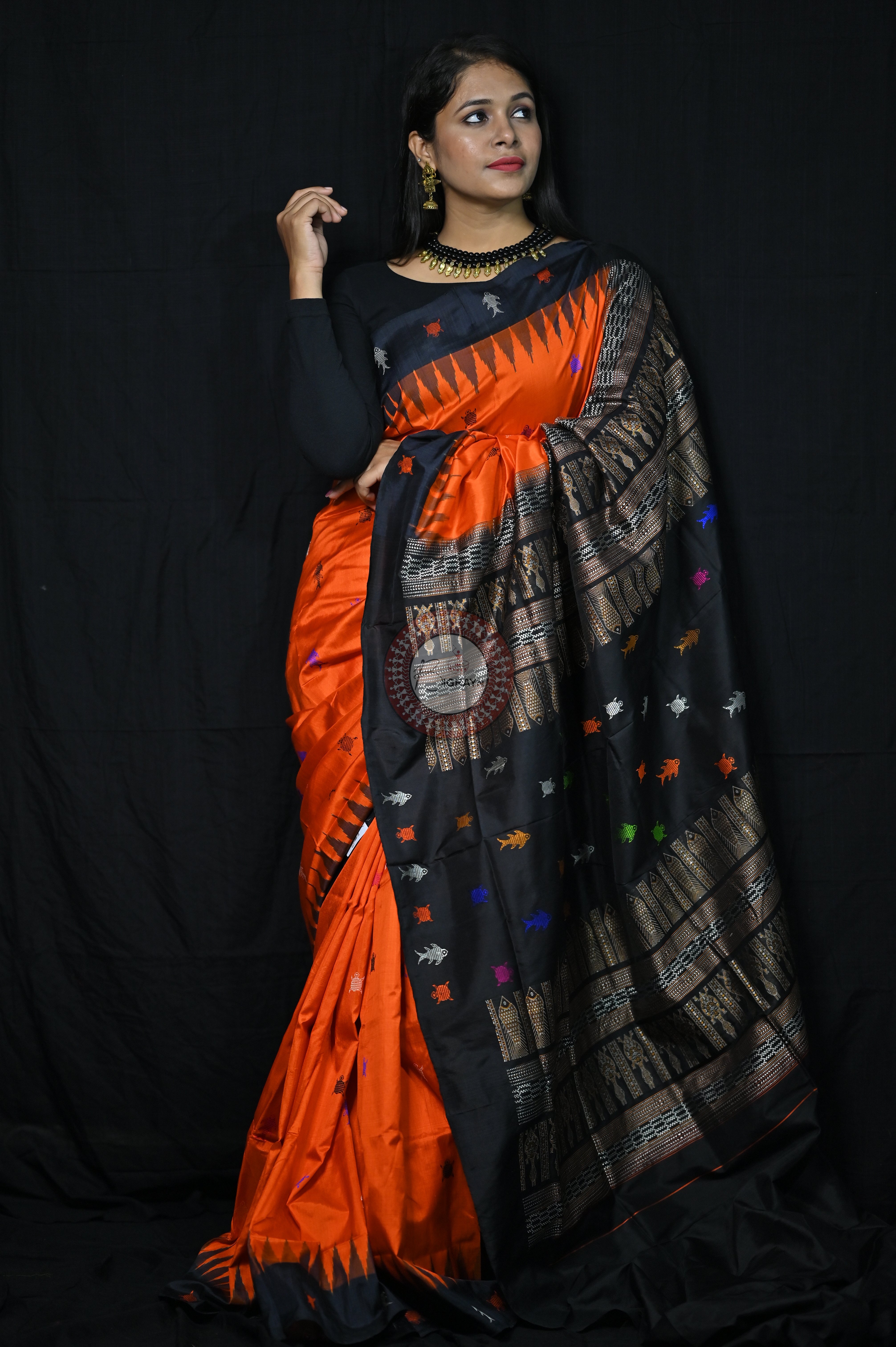 Mastya kachhap Orange Black Bomkai Silk Saree
