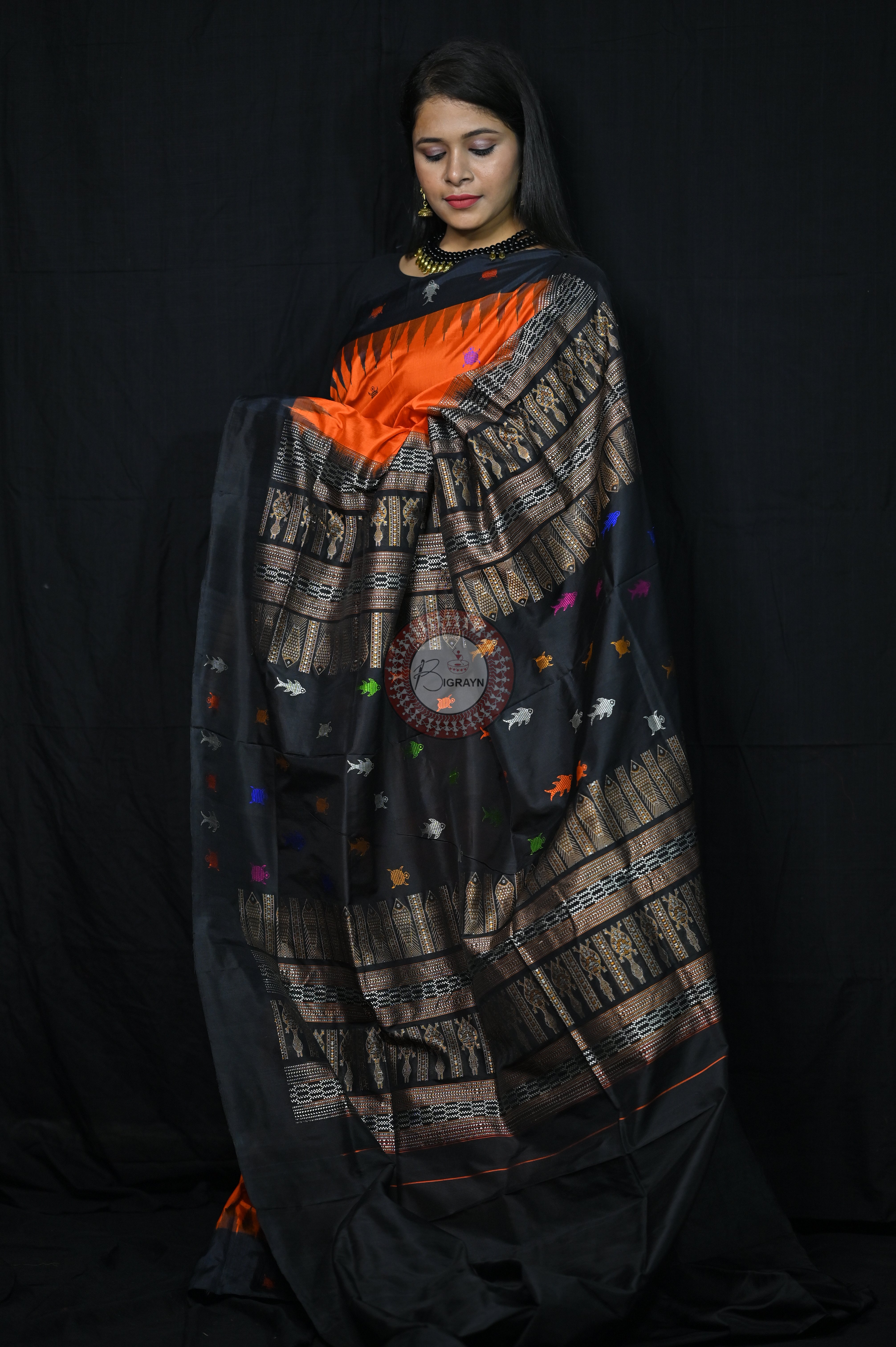 Mastya kachhap Orange Black Bomkai Silk Saree