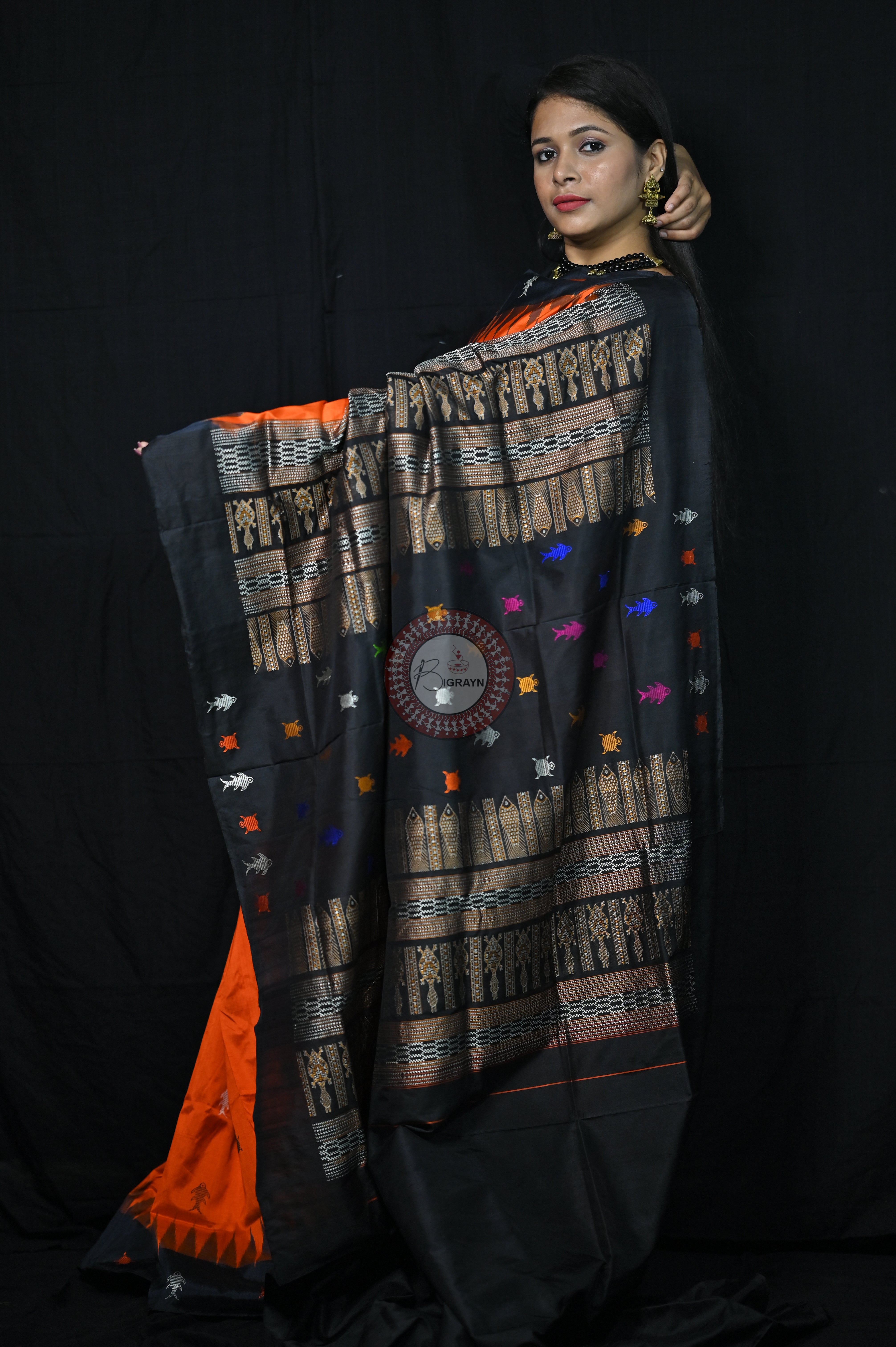 Mastya kachhap Orange Black Bomkai Silk Saree