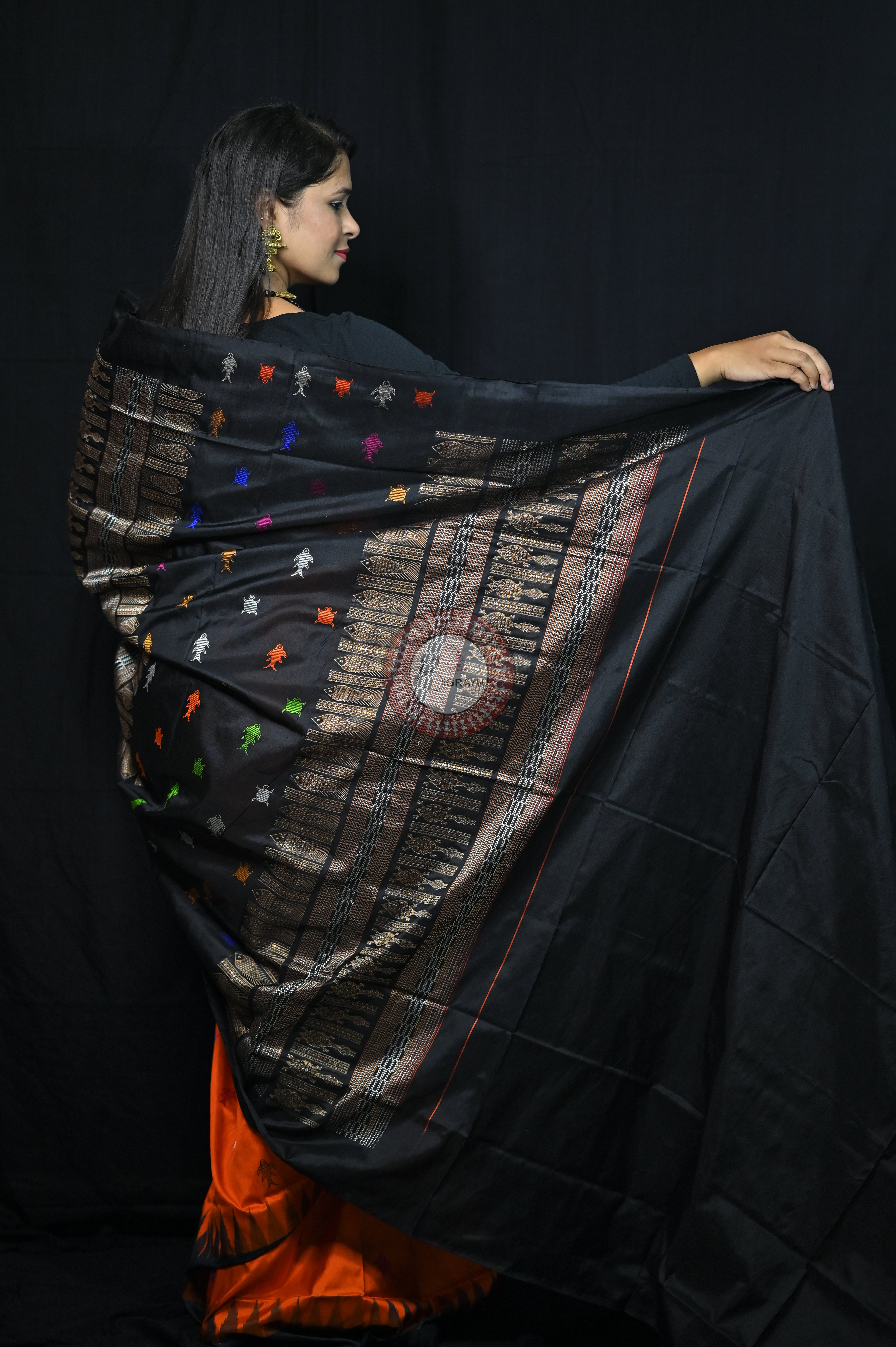 Mastya kachhap Orange Black Bomkai Silk Saree
