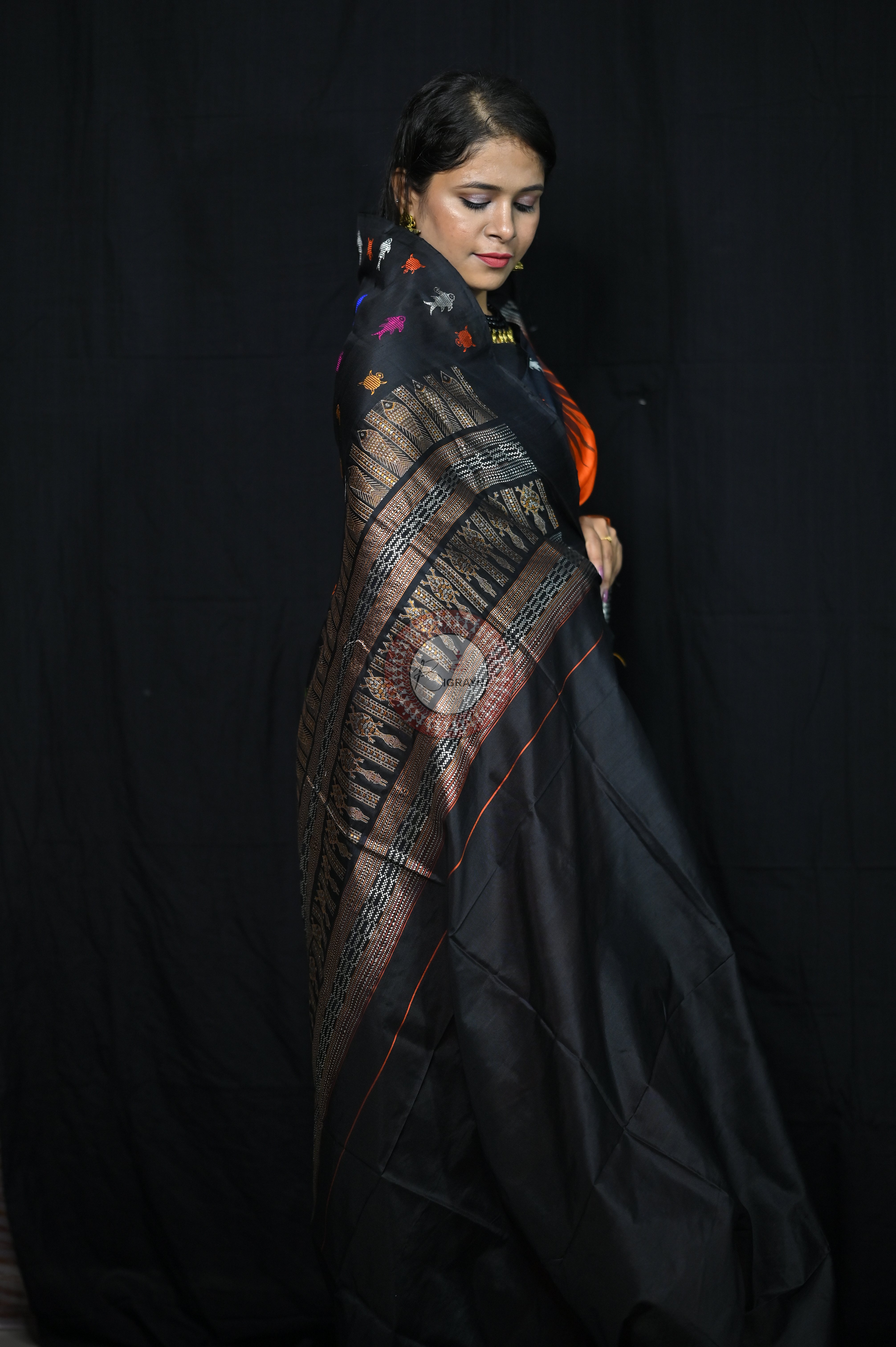 Mastya kachhap Orange Black Bomkai Silk Saree
