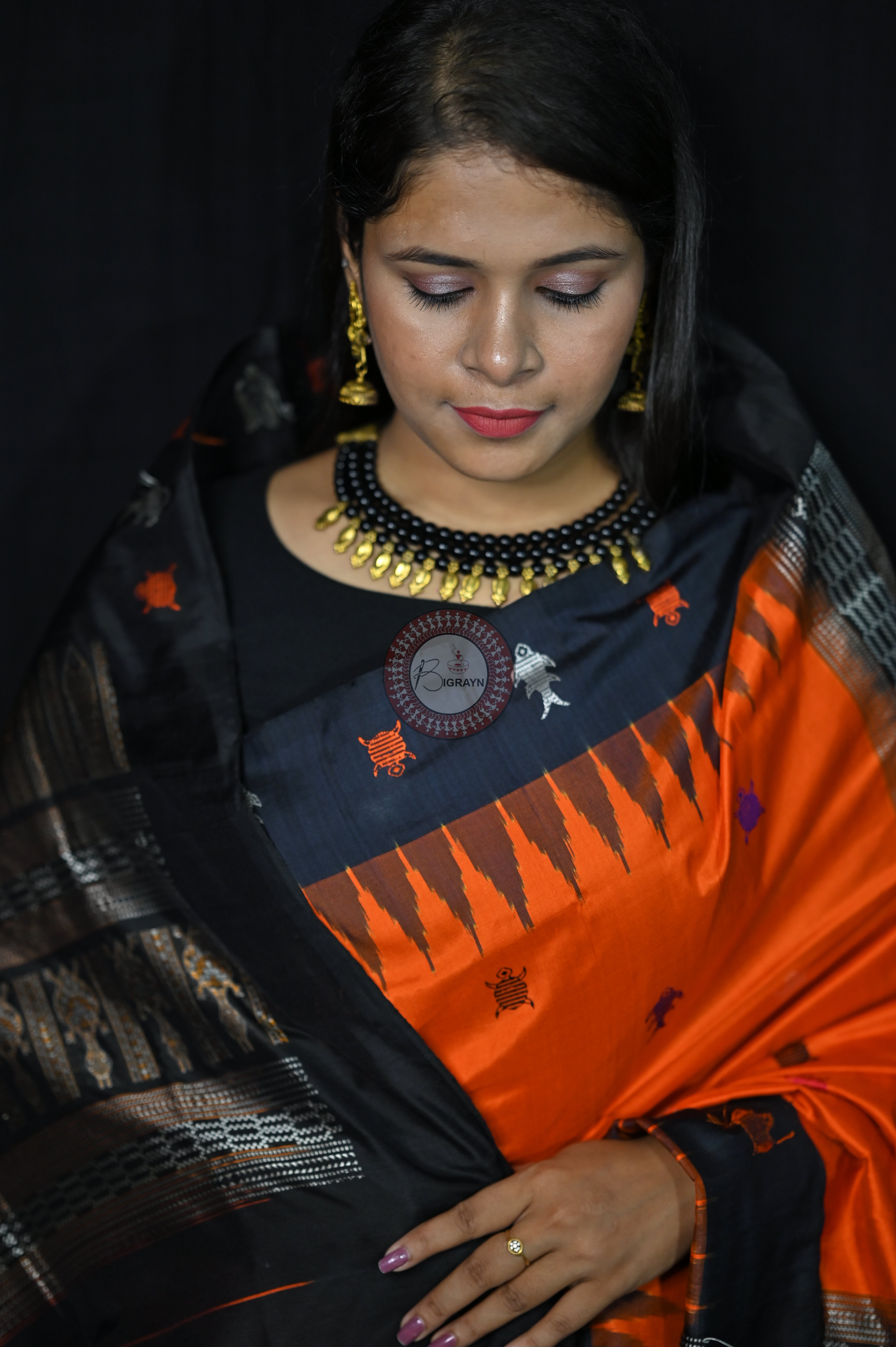 Mastya kachhap Orange Black Bomkai Silk Saree