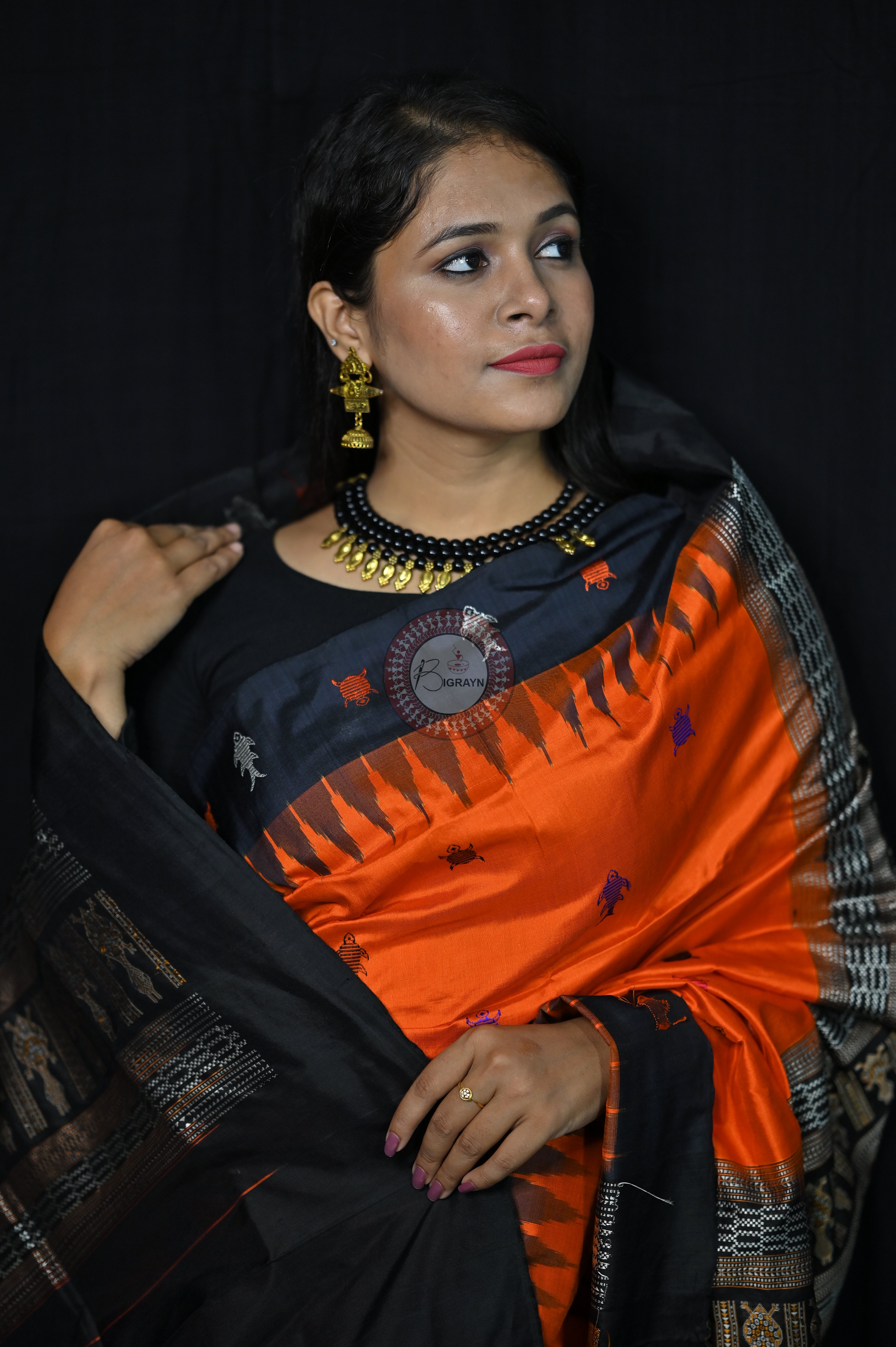 Mastya kachhap Orange Black Bomkai Silk Saree