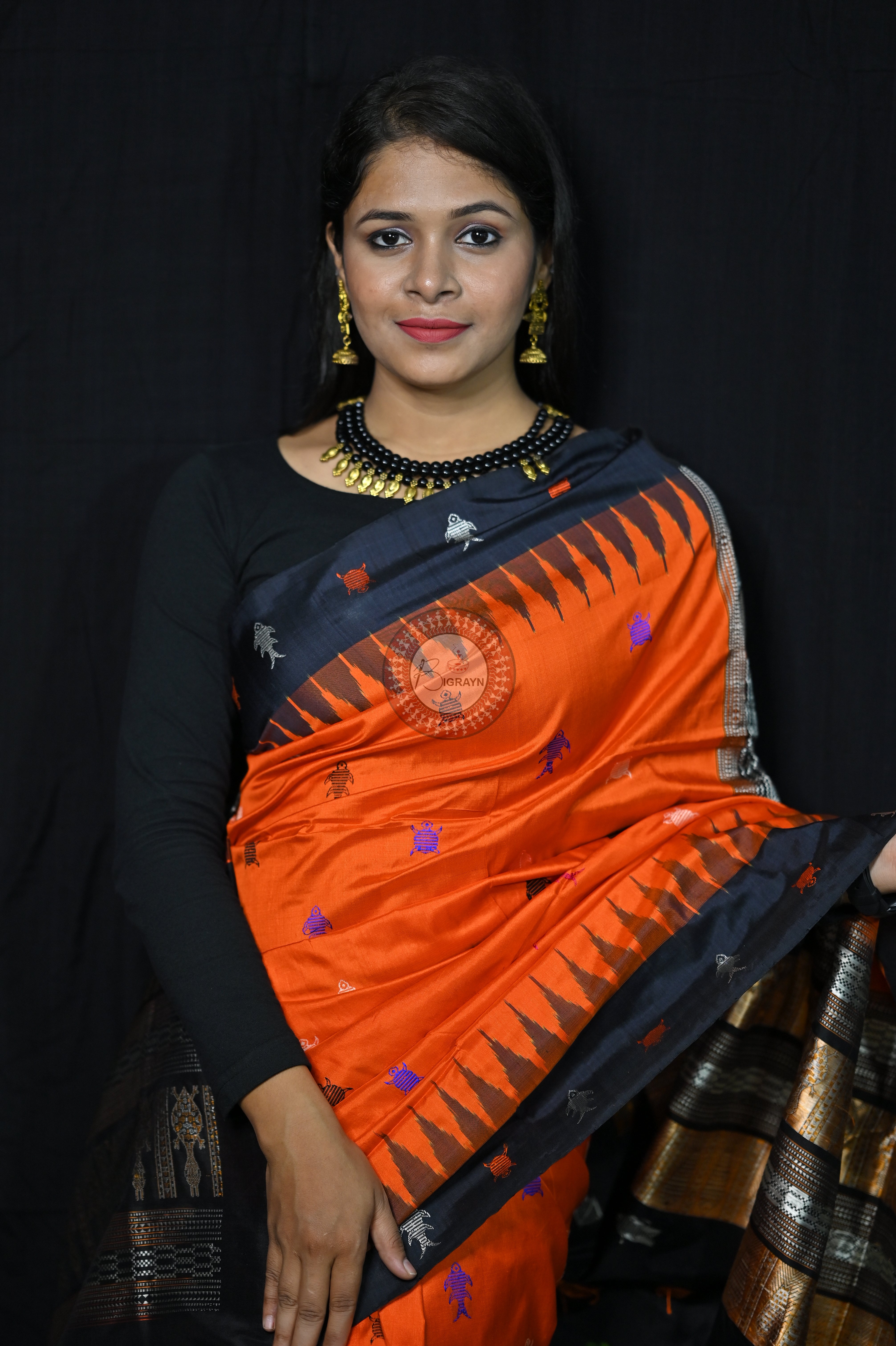 Mastya kachhap Orange Black Bomkai Silk Saree