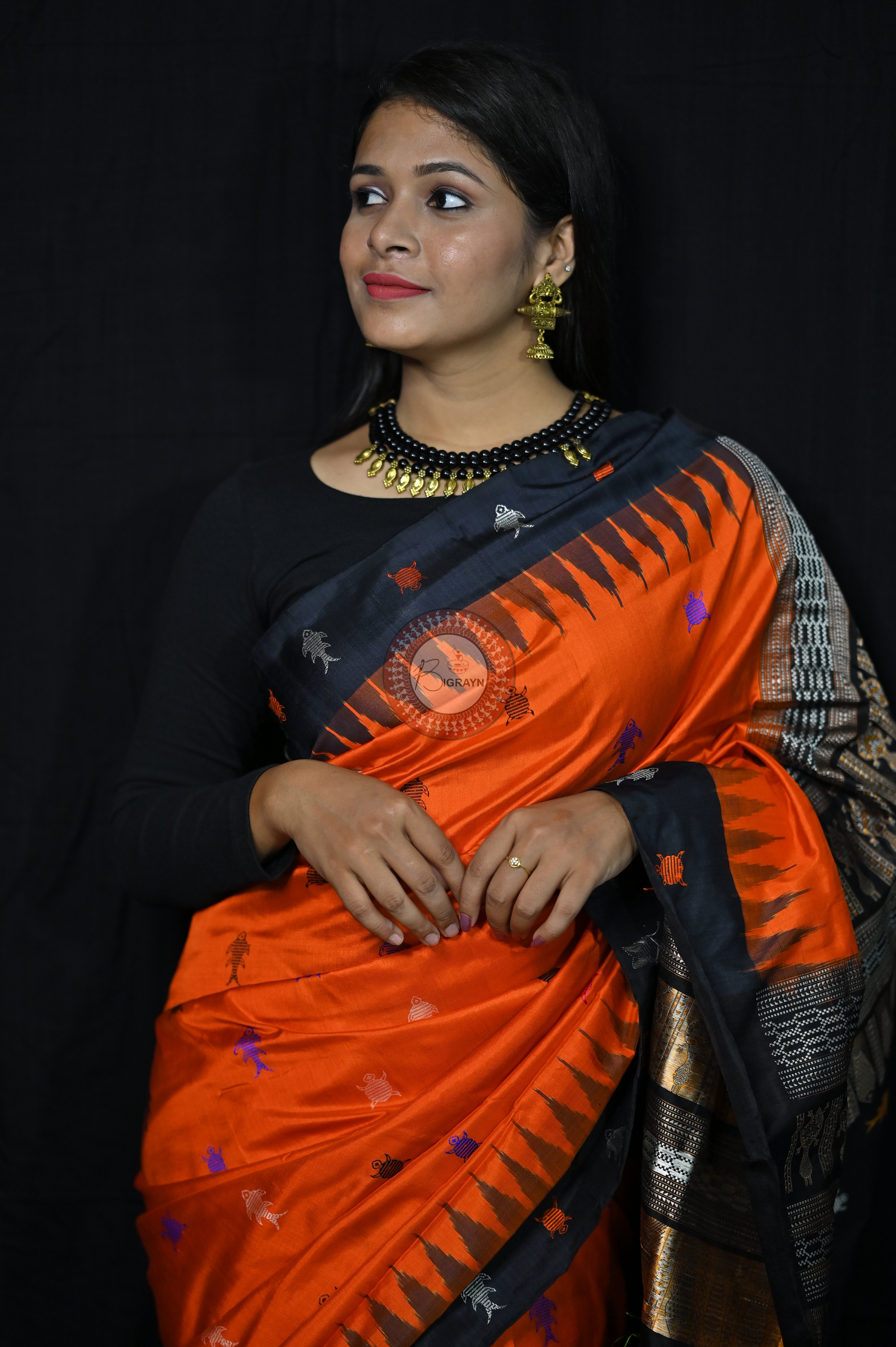 Mastya kachhap Orange Black Bomkai Silk Saree